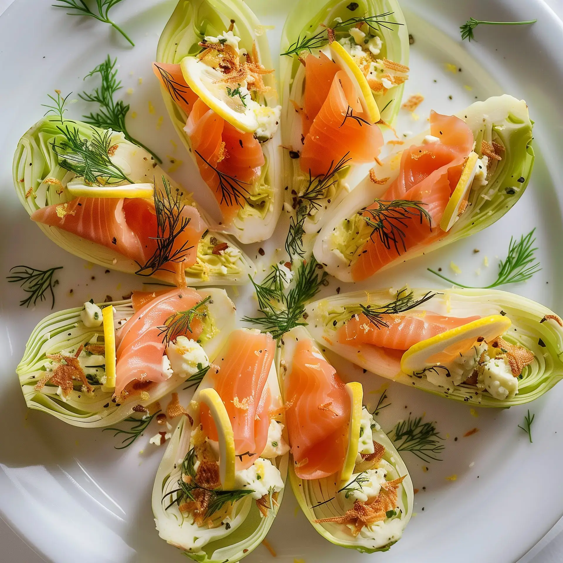 Barquettes d'endives croquantes garnies de saumon, avocat, avec des zestes de citron.