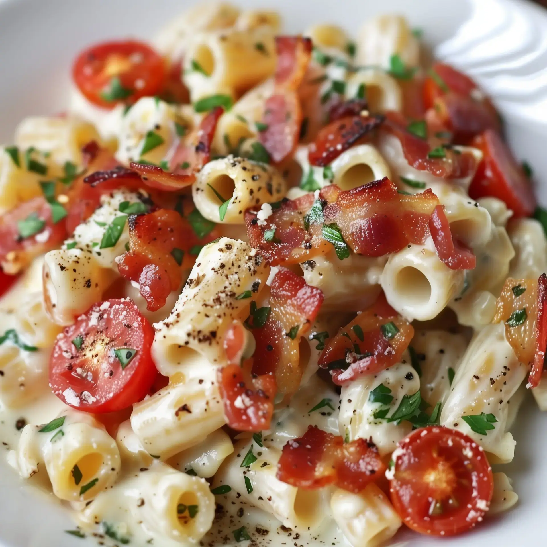 Bol de pâtes crémeuses avec lardons croustillants, tomates juteuses et herbes fraîches.