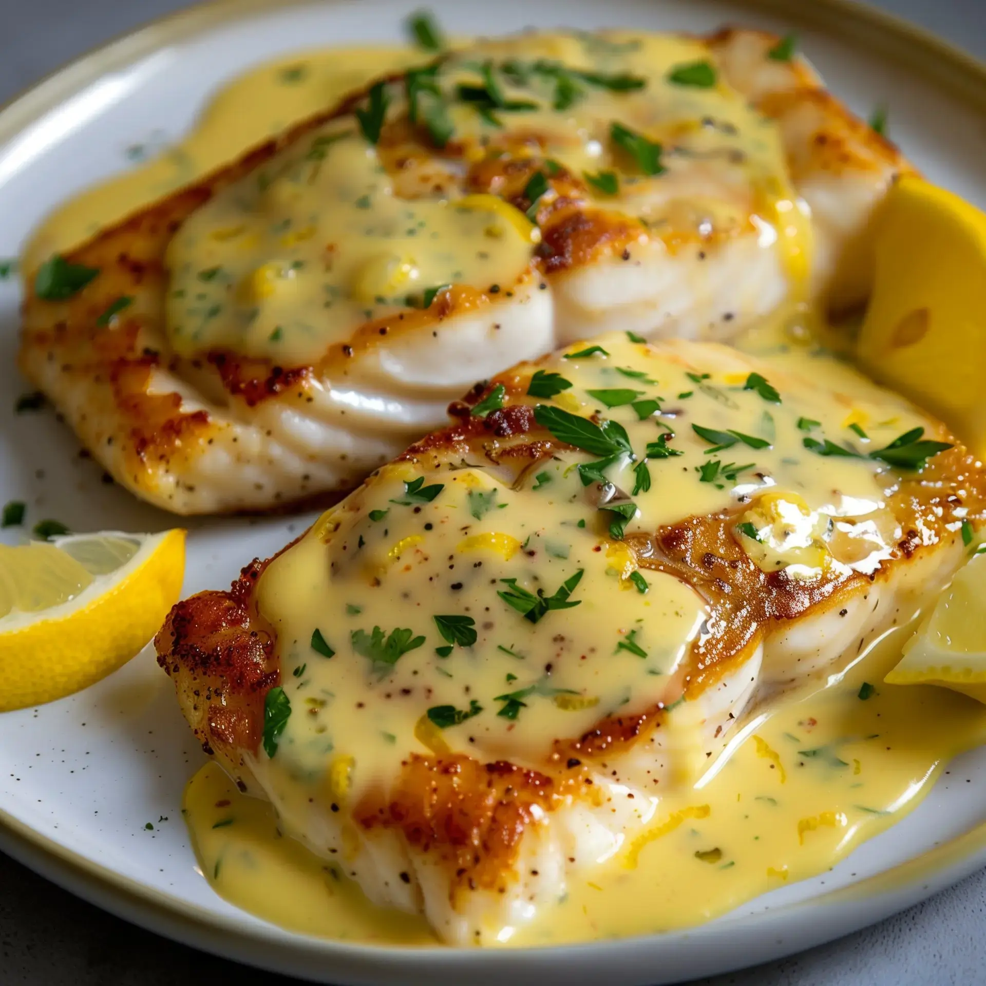 Filets de poisson nappés de sauce citronnée crémeuse et garnis de persil frais, accompagnés de quartiers de citron.