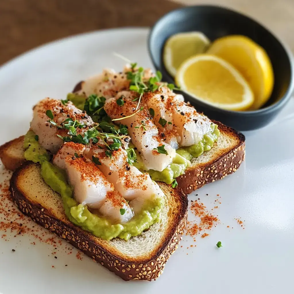 Une tranche de pain croustillant garnie de mélange d'avocat crémeux, thon savoureux et épices, accompagnée de citron frais.