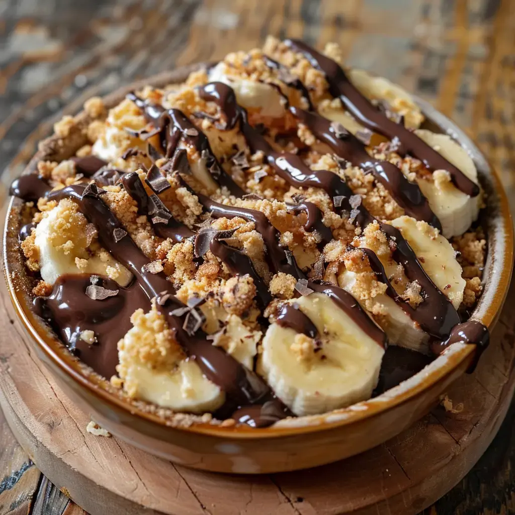 Une assiette de dessert composée de bananes recouvertes de crumble et de chocolat fondu, servie dans un plat rustique.