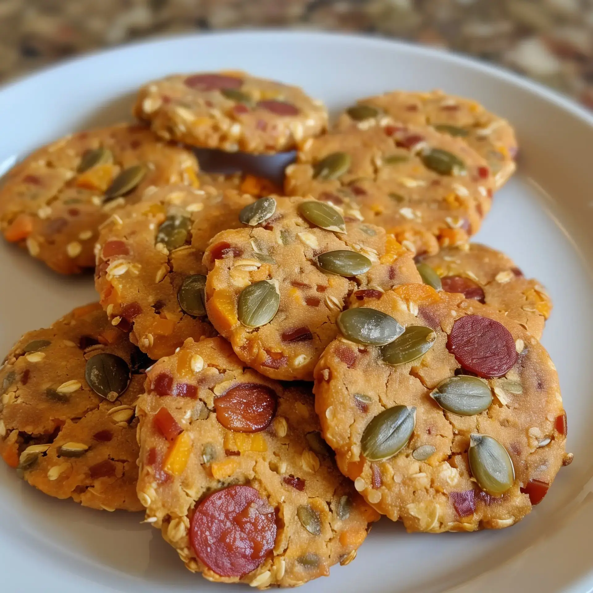 Des biscuits ronds dorés avec des graines et du chorizo, joliment disposés sur un plat blanc.