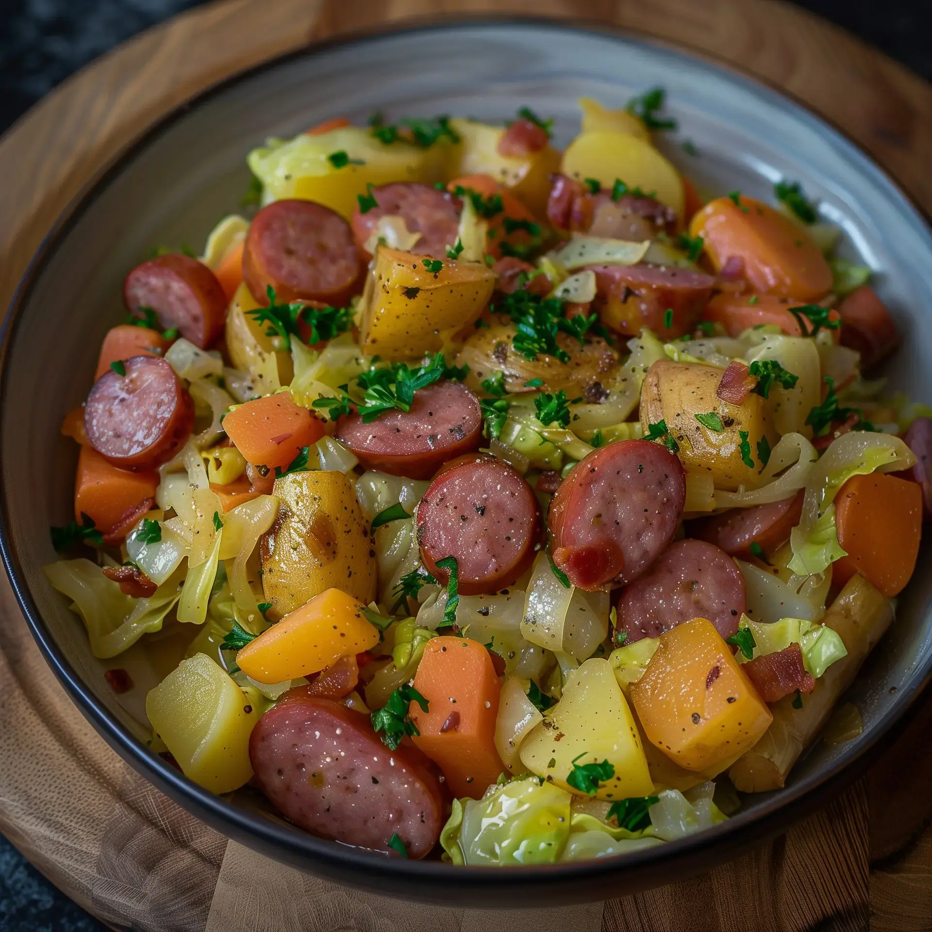 Un plat fumant de chou cuit avec saucisses tranchées, décoré de persil frais.