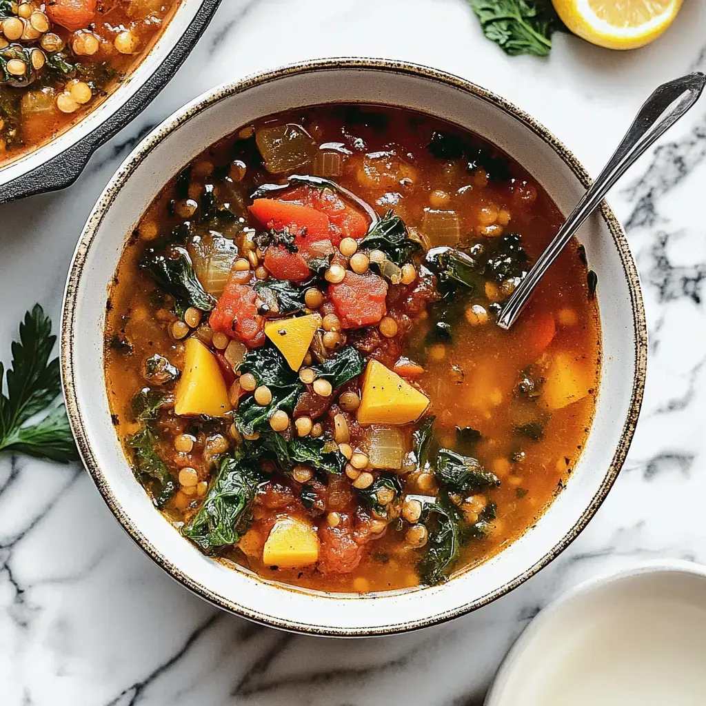 Un bol fumant rempli d'un potage coloré avec des lentilles, divers légumes et des morceaux de courge, avec une cuillère en métal sur le côté.