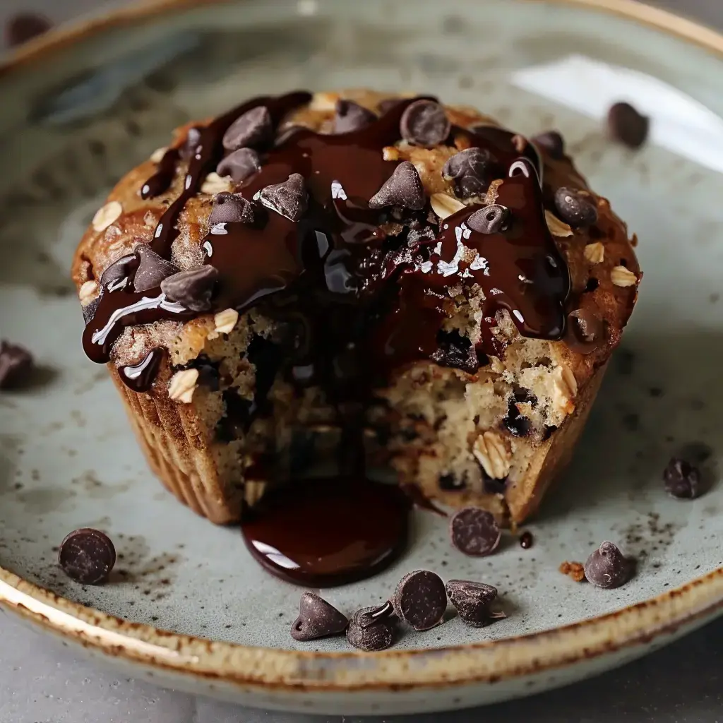 Un muffin doré et moelleux avec des pépites de chocolat, posé joliment dans une assiette.