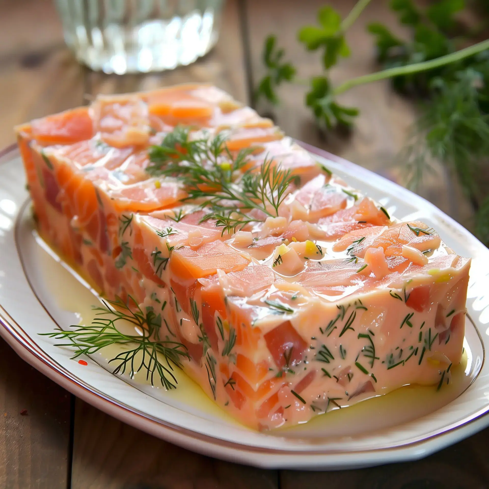 Une terrine crémeuse de saumons ornée de persil et d'amandes, servie élégamment.