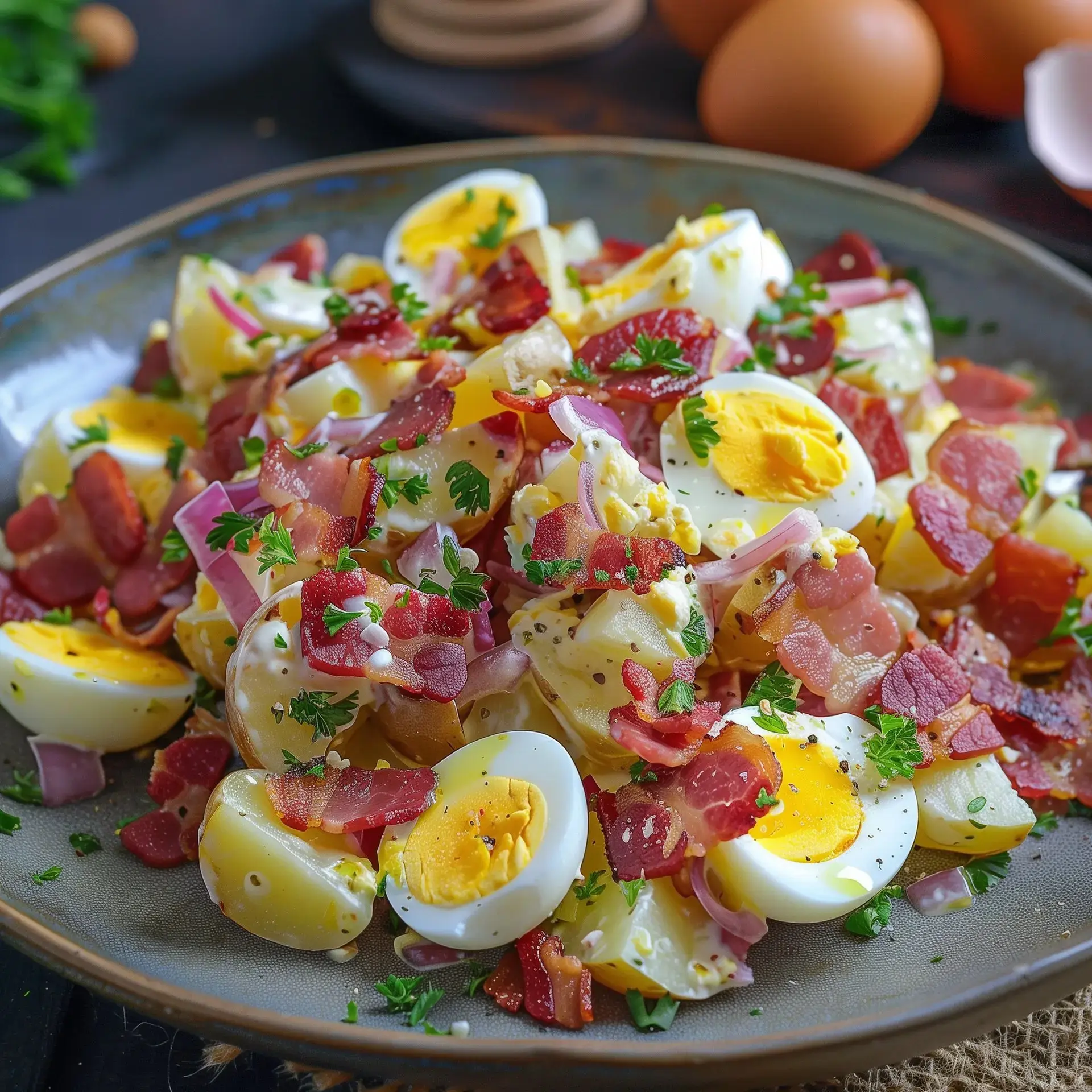 Assiette colorée de pommes de terre, lardons croustillants, tranches d'œufs durs et persil frais.