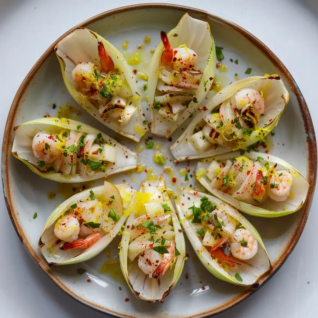 Feuilles d'endives remplies de crevettes, morceaux de pomme et herbes fraîches, présentées sur un plat élégant.