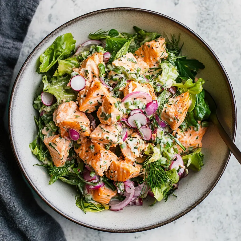 Salade avec saumon grillé, feuilles vertes, radis et sauce crémeuse maison.