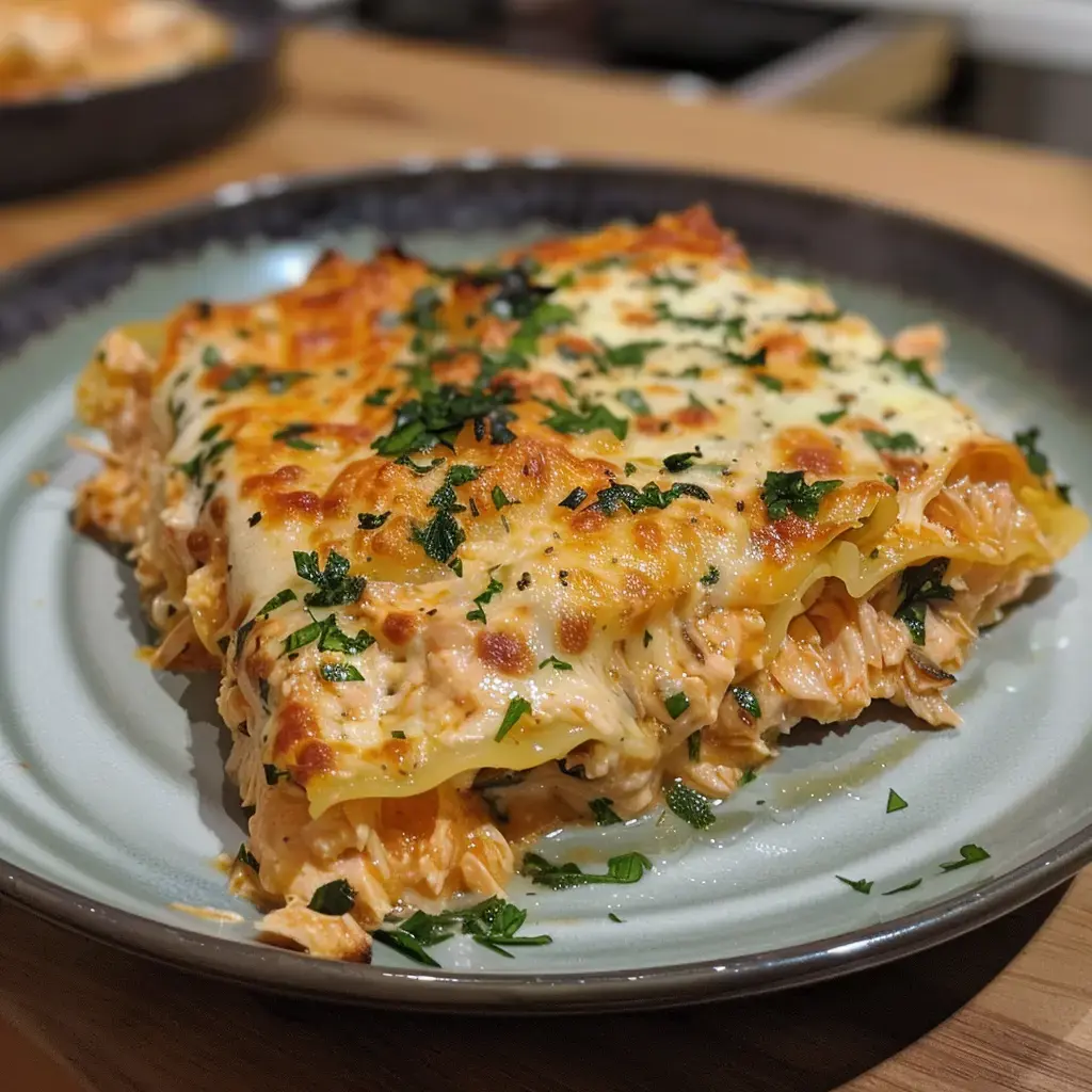 Lasagnes au thon dorées, parsemées de fromage et persil, posées sur une assiette.