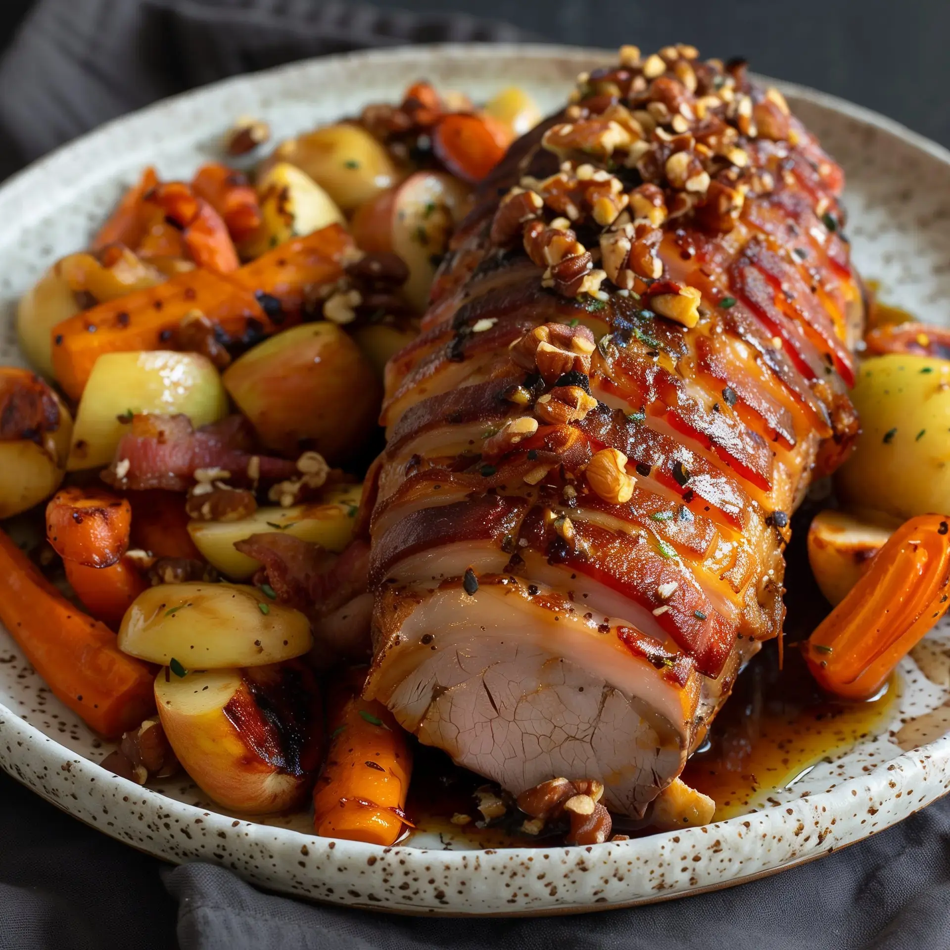 Assiette avec rôti lardé, pommes rôties, carottes et noisettes croquantes.