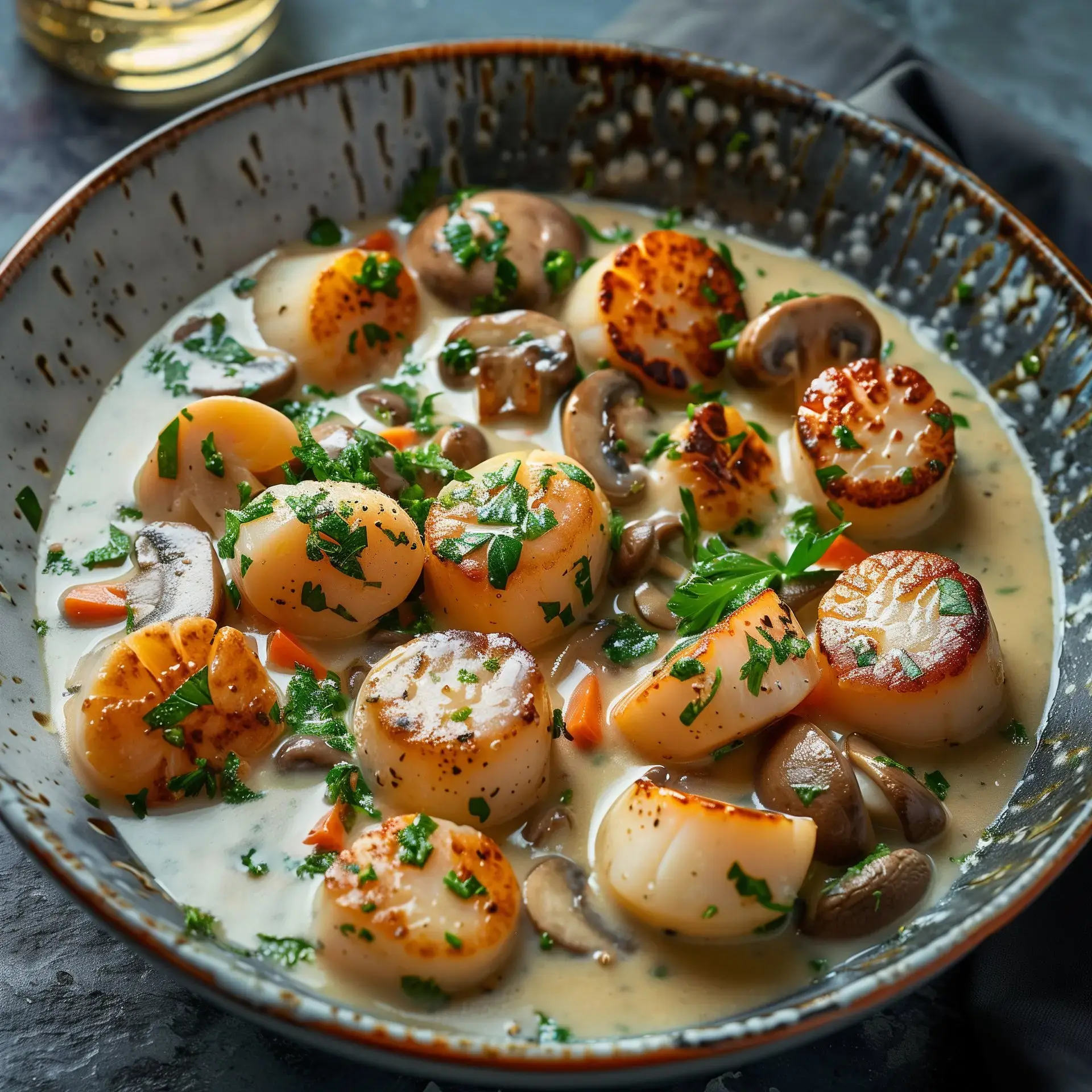 Coquilles Saint-Jacques dorées servies avec des champignons dans une sauce au vin blanc crémeuse, parsemées de persil frais.