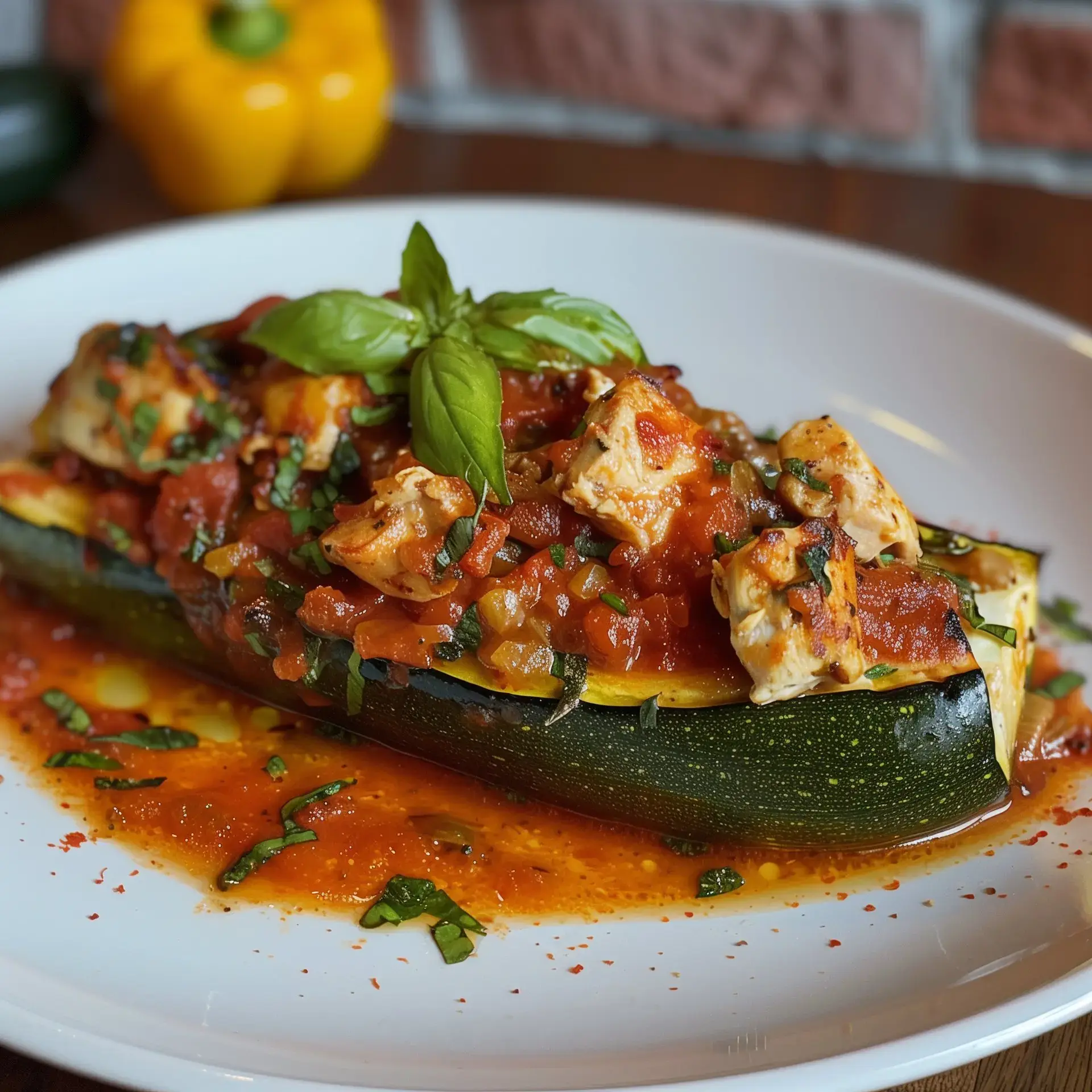 Un plat de courgettes garnies de poulet, sauce tomate et fromage, décorées avec du basilic.