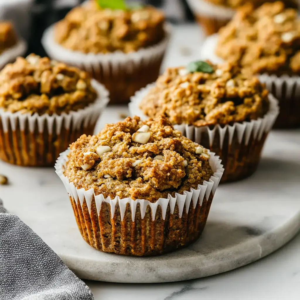 Des muffins dorés avec des garnitures aux noix sont présentés sur un plateau en marbre.