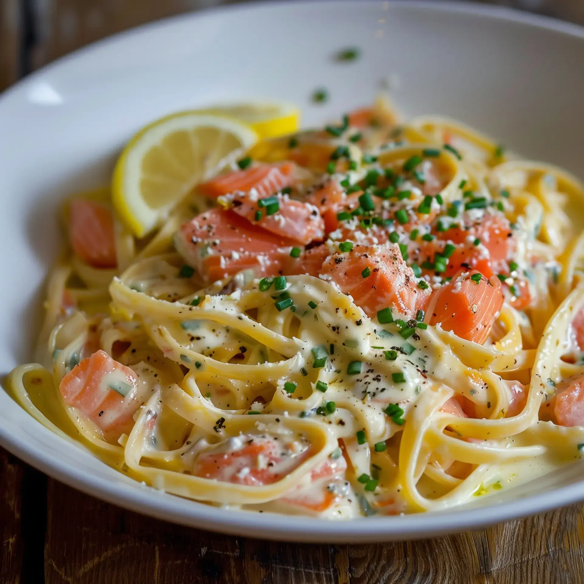 Assiette blanche avec des pâtes onctueuses, du saumon fumé, et quelques zestes de citron.