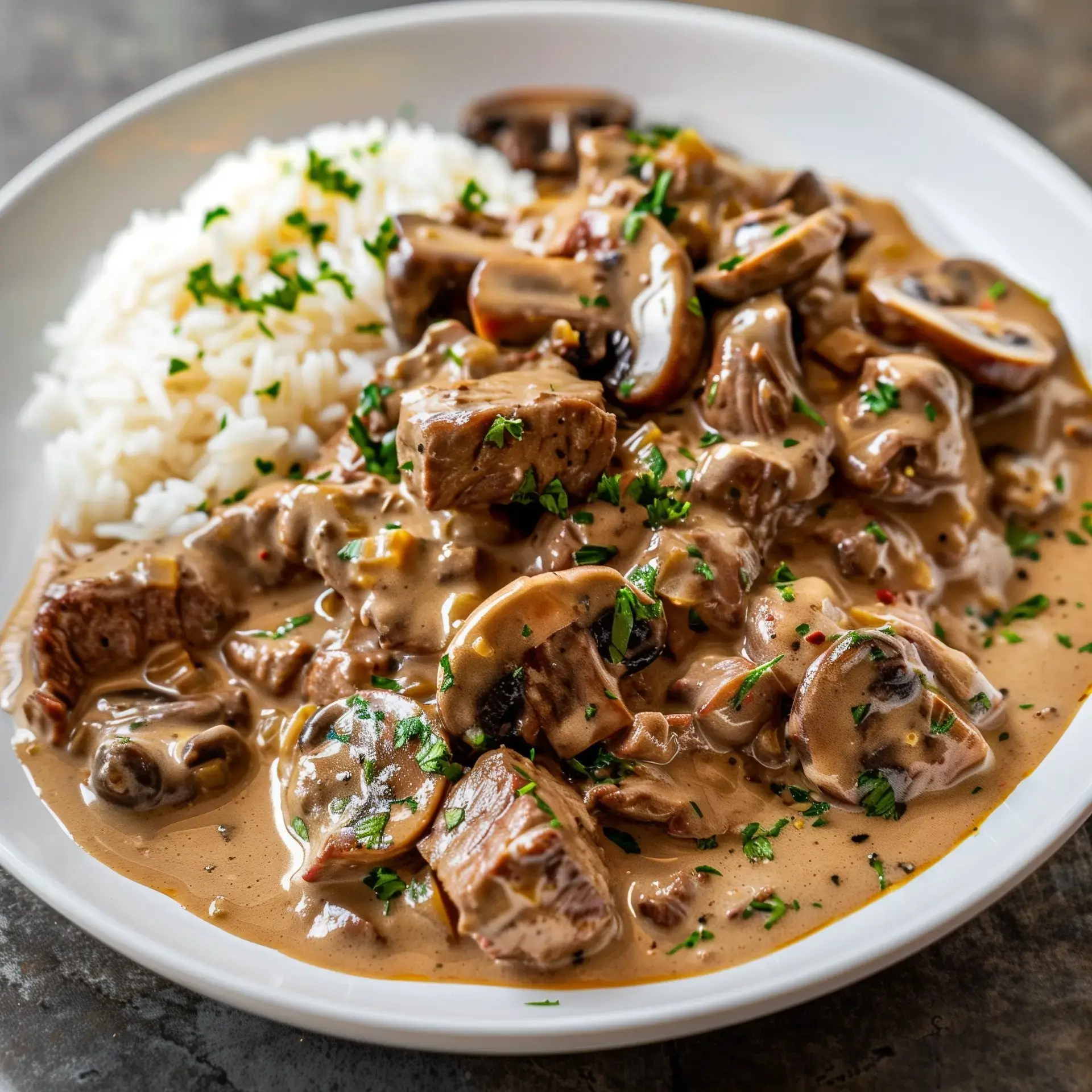 Un plat généreux de bœuf tendre avec sauce crémeuse et champignons, servi avec du riz et décoré de persil.