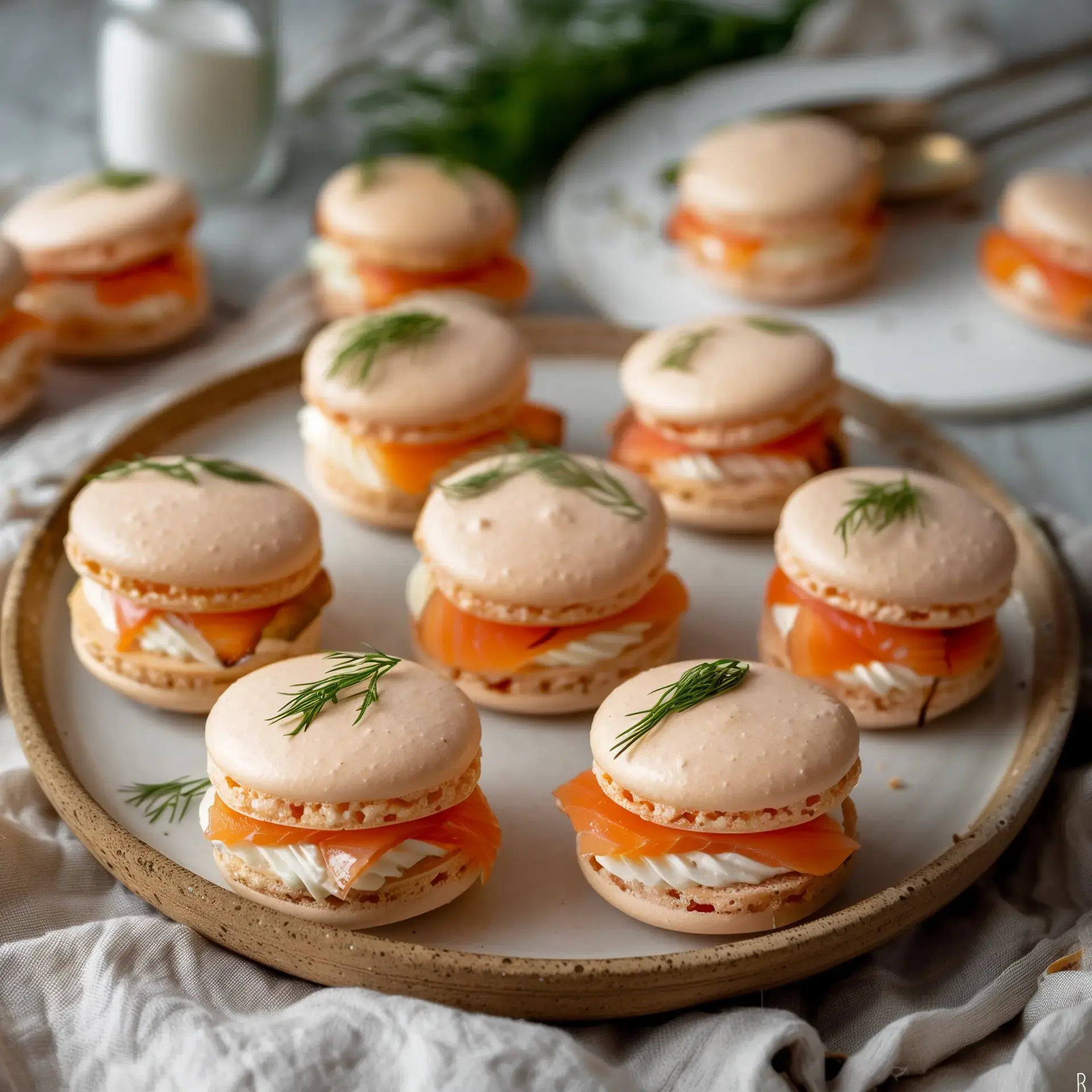 Plateau de macarons au saumon fumé et crème, décorés avec de l'aneth.