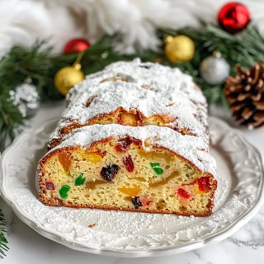 Gâteau moelleux avec fruits confits et sucre, agrémenté de décorations de Noël.