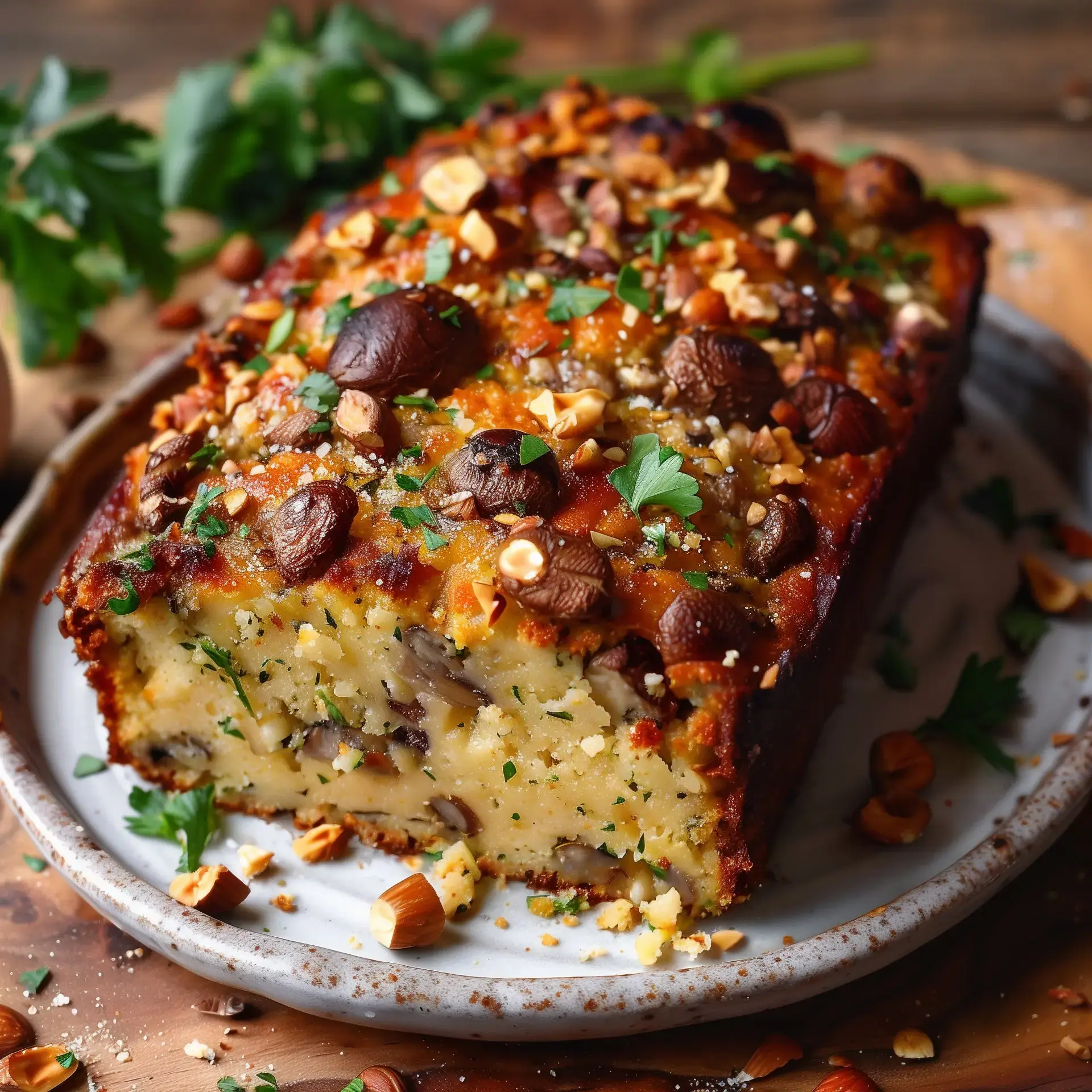 Un cake aux noix avec des noisettes et des champignons, joliment présenté avec du persil dessus.