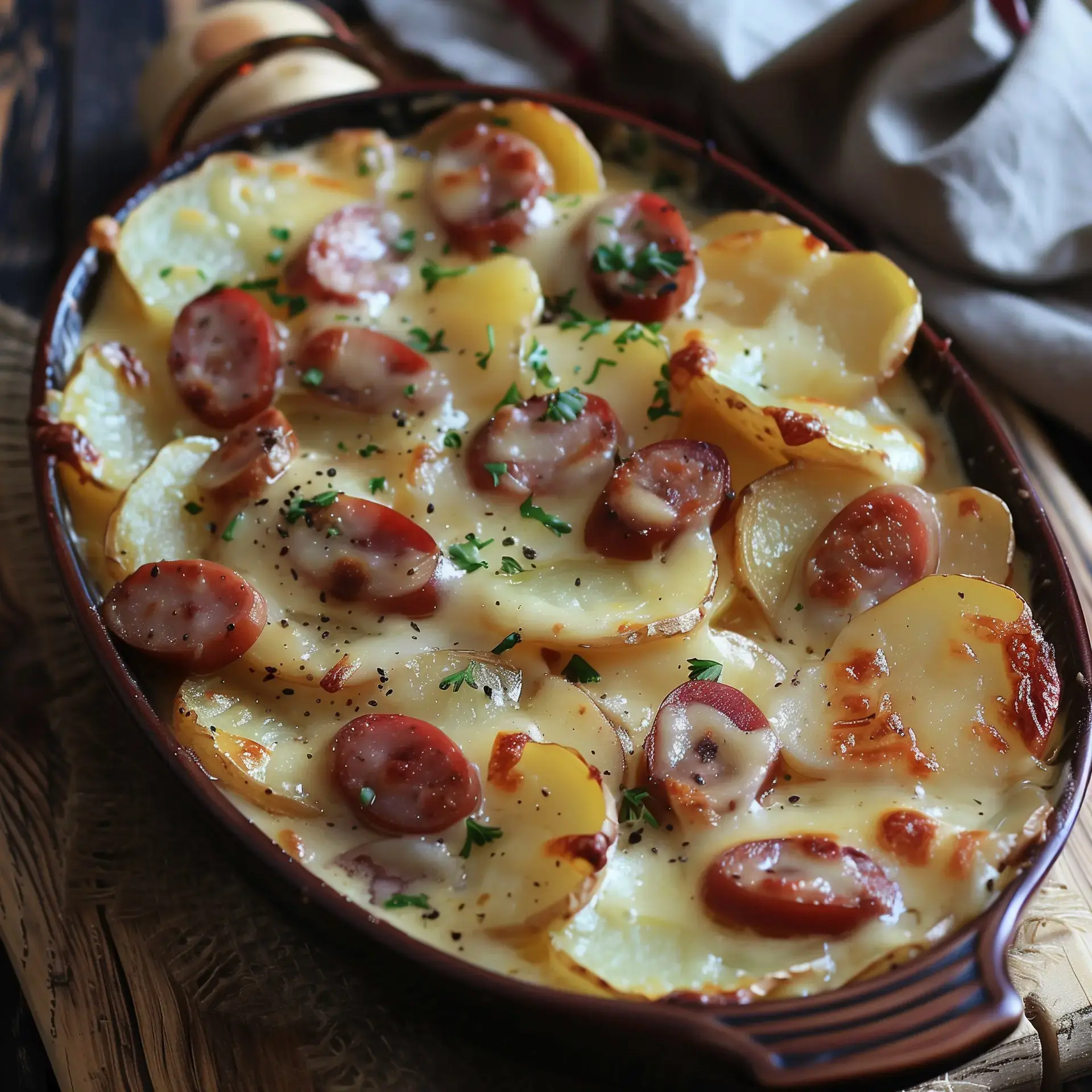 Un plat copieux de pommes de terre gratinées avec des morceaux de saucisses et du fromage doré.