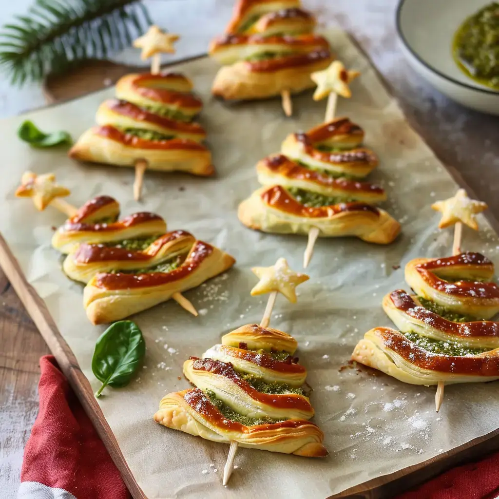 Petits sapins dorés garnis de pesto, croustillants et ornés d’étoiles, présentés sur un papier parchemin.