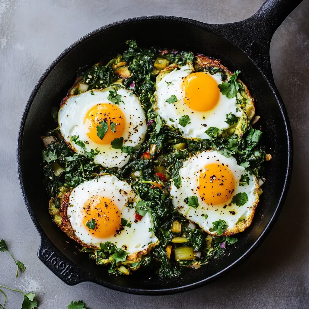 Plat d'œufs pochés sur légumes verts dans une poêle noire.