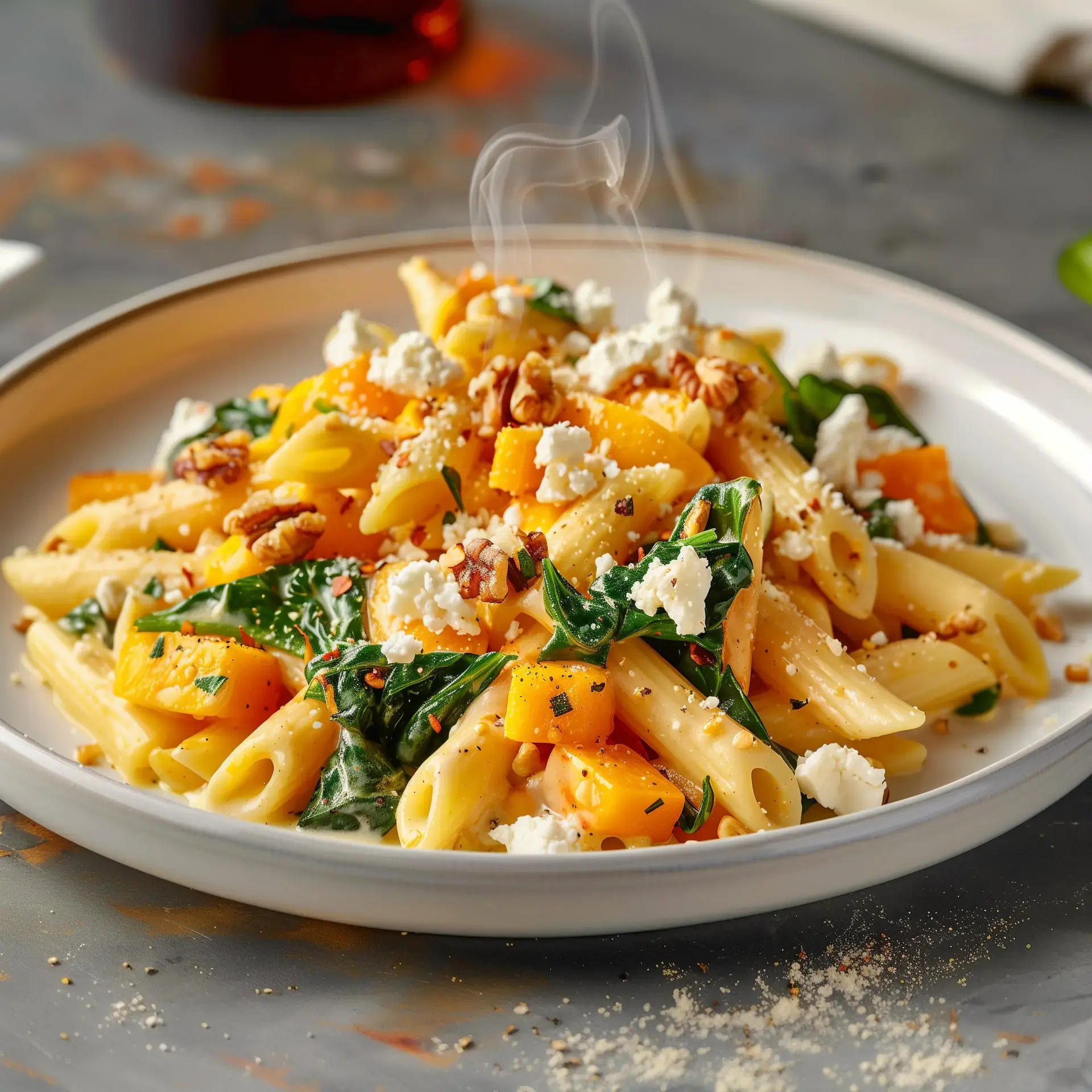 Un plat fumant combinant des pâtes, morceaux de courge, épinards et noix croustillantes avec chèvre.