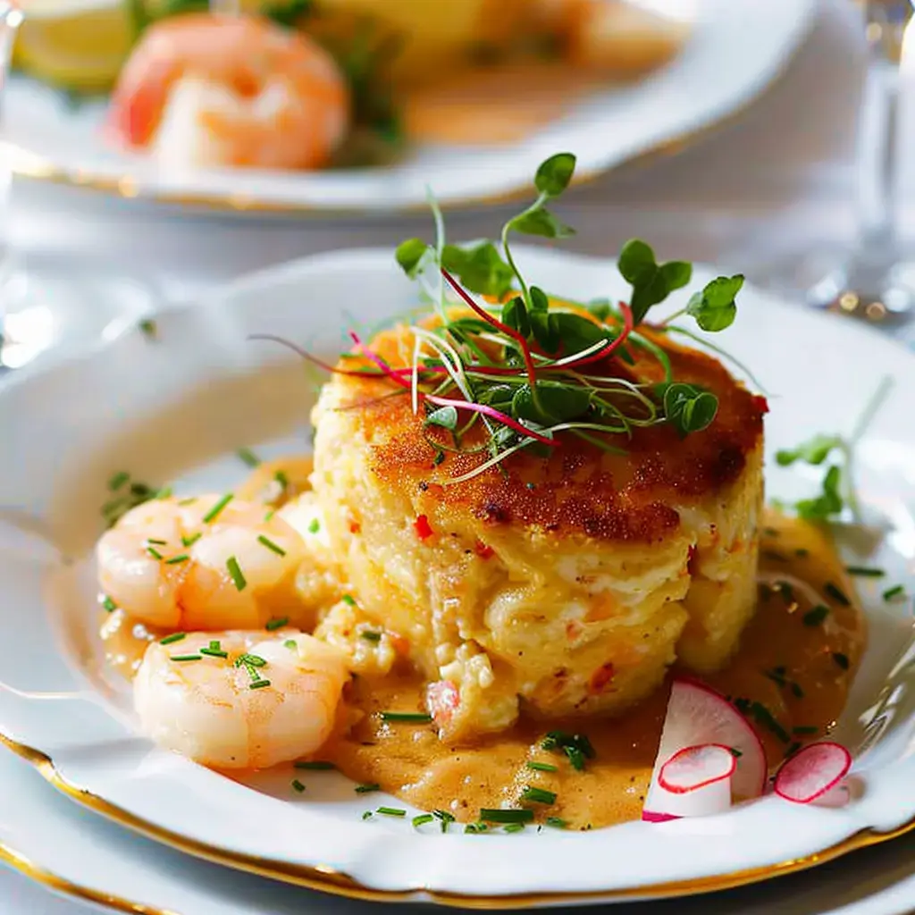 Un plat fin avec un petit gâteau de mer doré, des jeunes pousses et quelques crevettes avec des radis sur une jolie assiette.