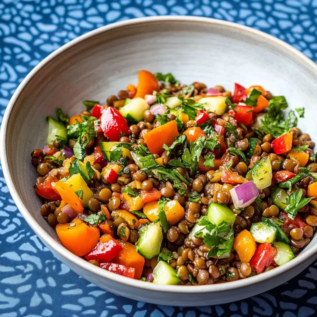 Bol rempli de lentilles colorées mélangées à des légumes croquants comme les poivrons et le concombre, garni de coriandre fraîche.