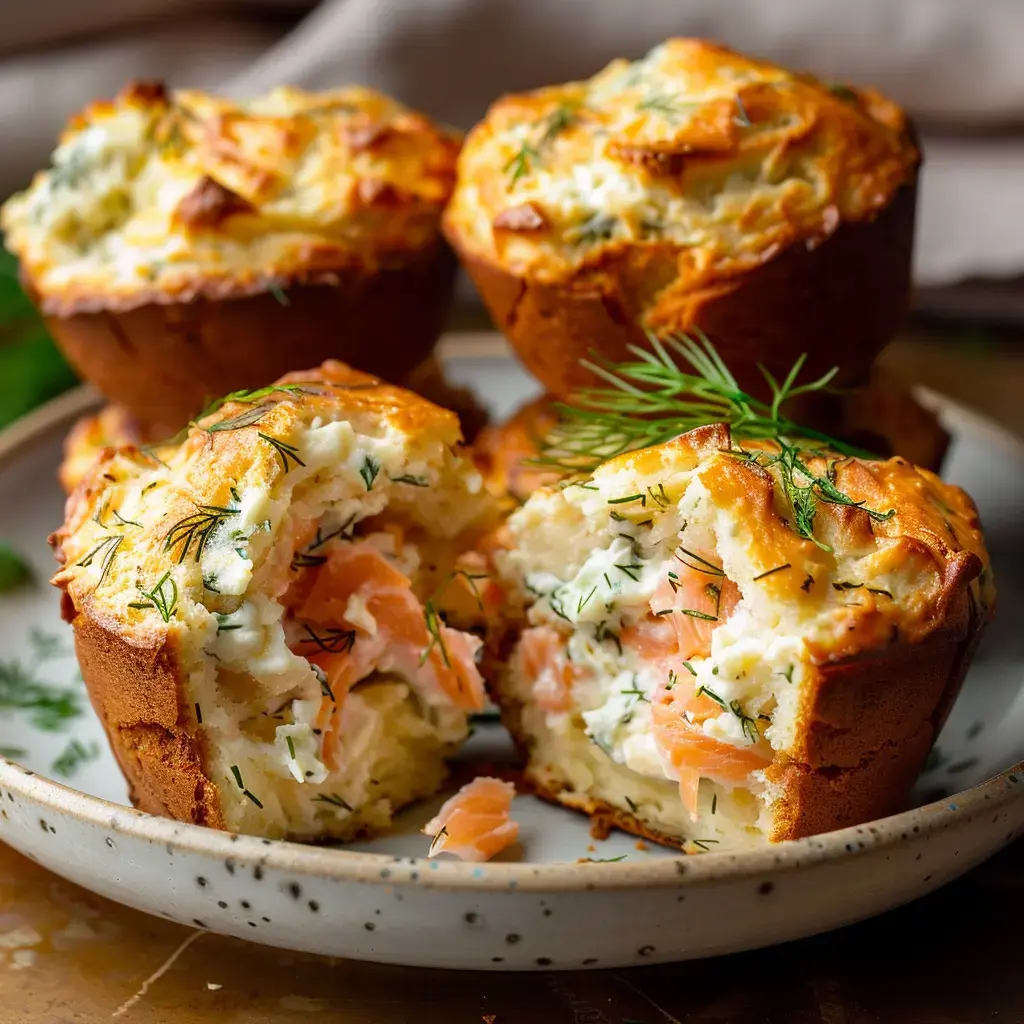 Muffins dorés au saumon avec fromage au centre, prêts à être dégustés.