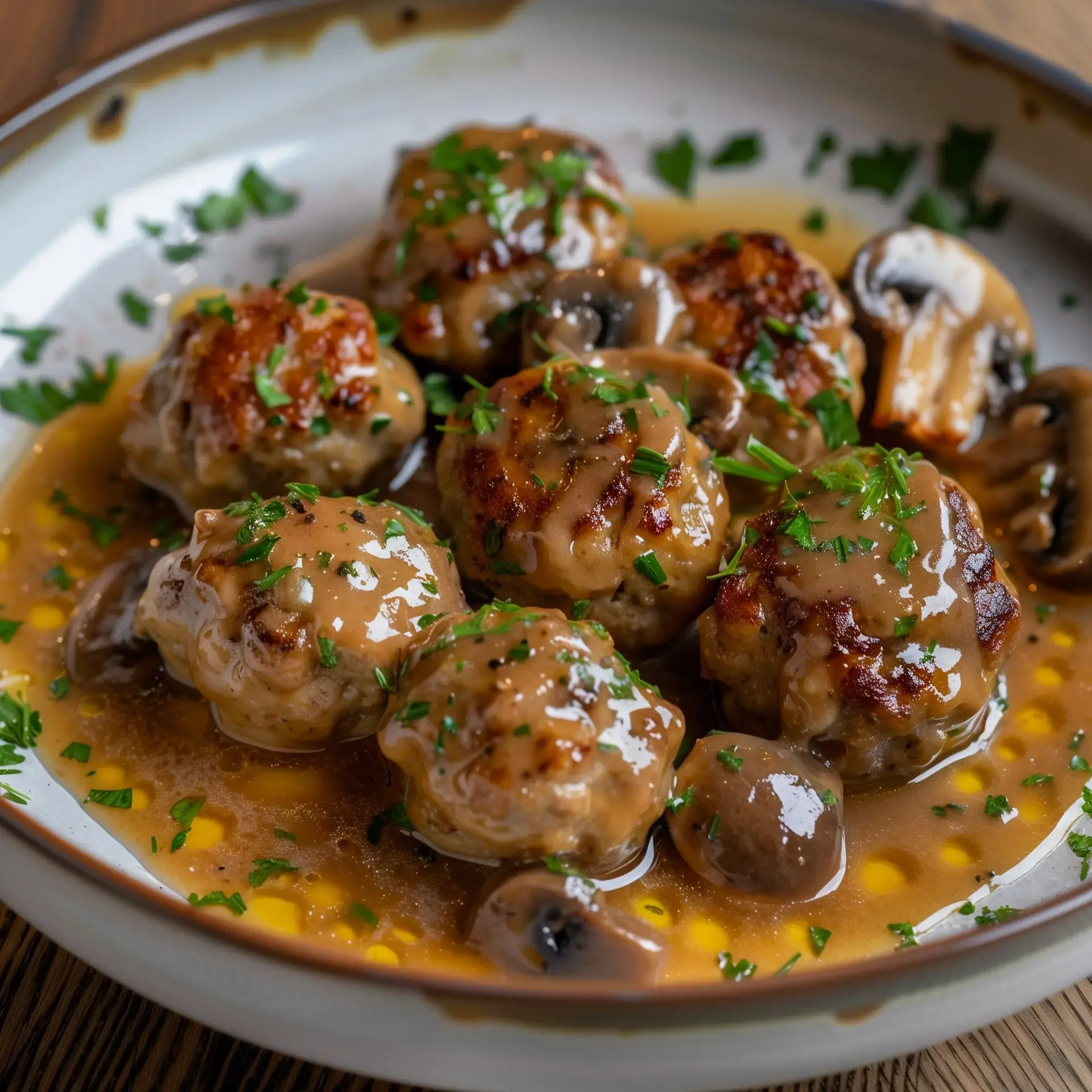 Plat joliment présenté de boulettes tendres avec leur sauce crémeuse, garnies de persil.