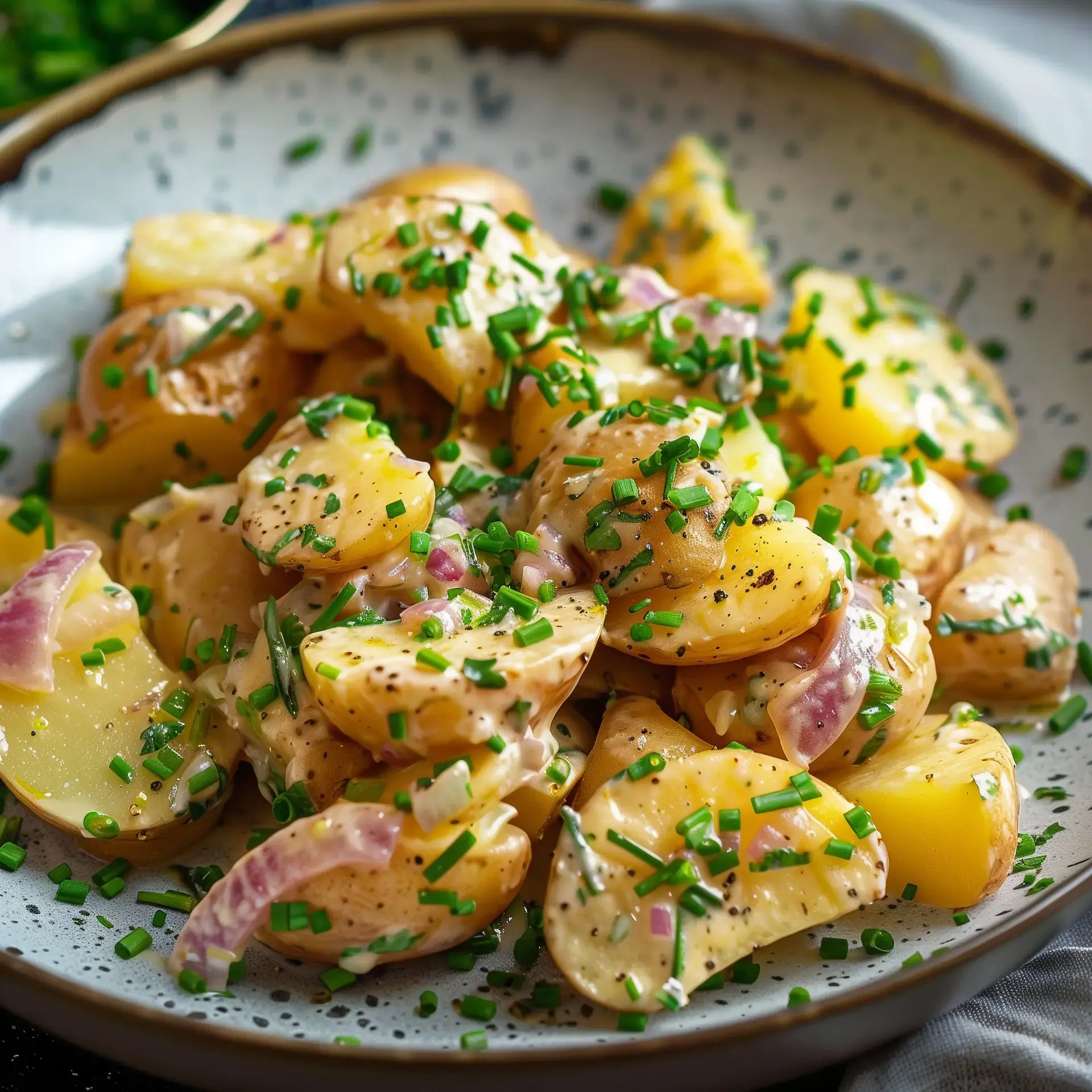 Salade de pommes de terre garnie d'herbes fraîches et d'oignons rouges croquants.