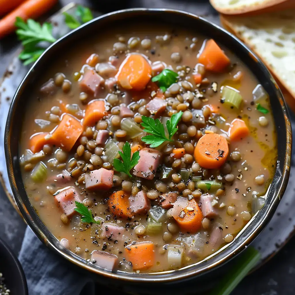 Bol de soupe aux lentilles avec carottes, céleri, jambon servi avec pain.