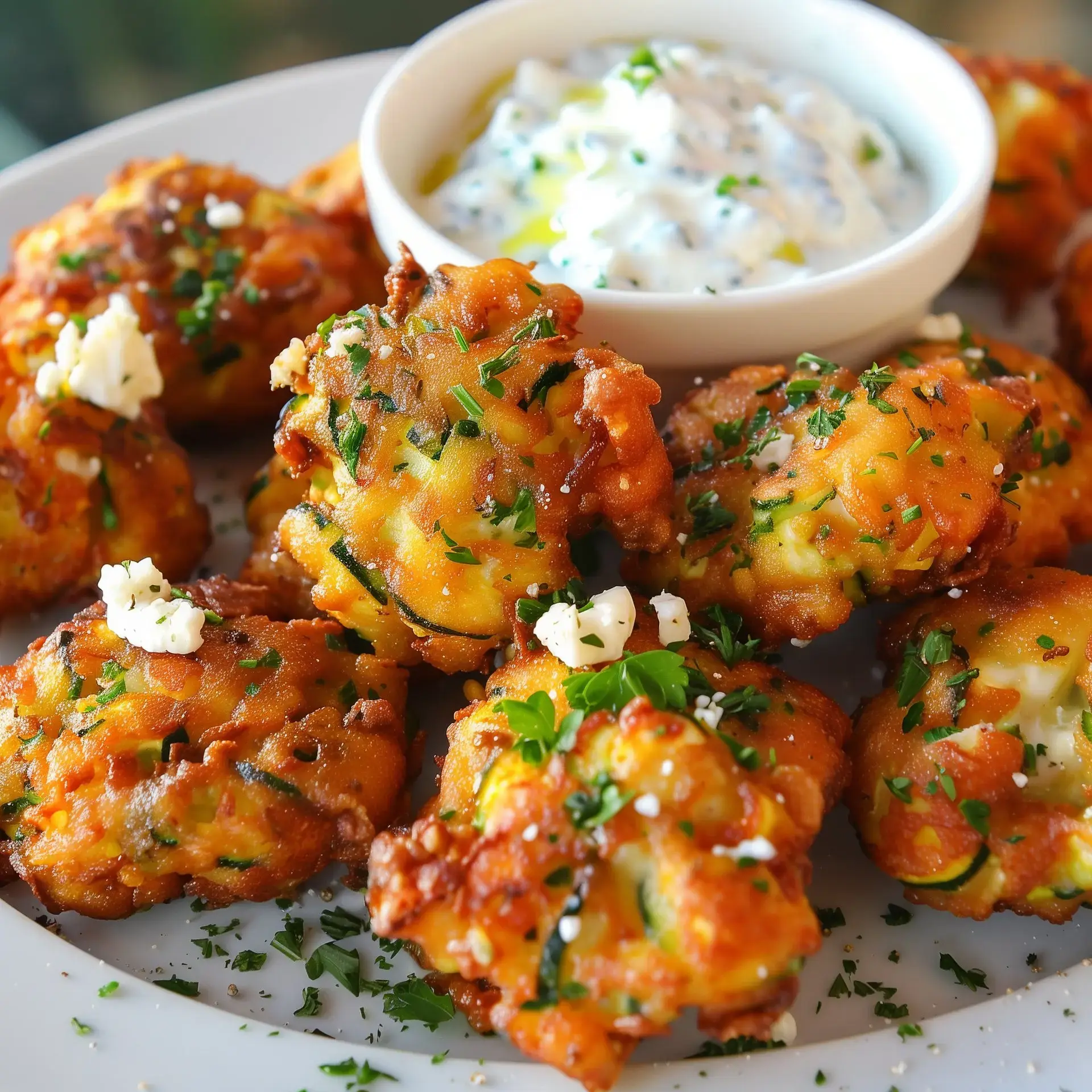 Petits beignets croustillants aux légumes avec fromage, accompagnés de sauce blanche.