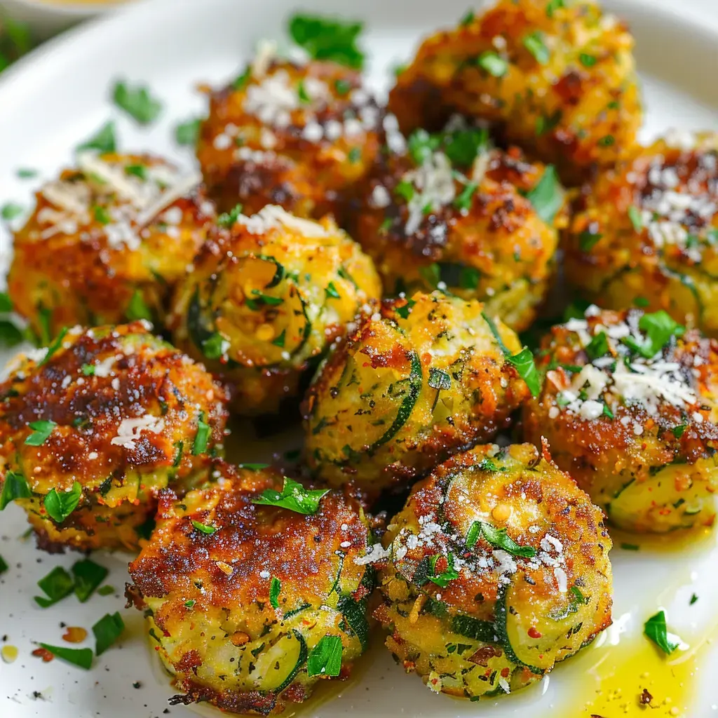 Boulettes de courgettes dorées avec une touche de persil, prêtes à être dégustées.