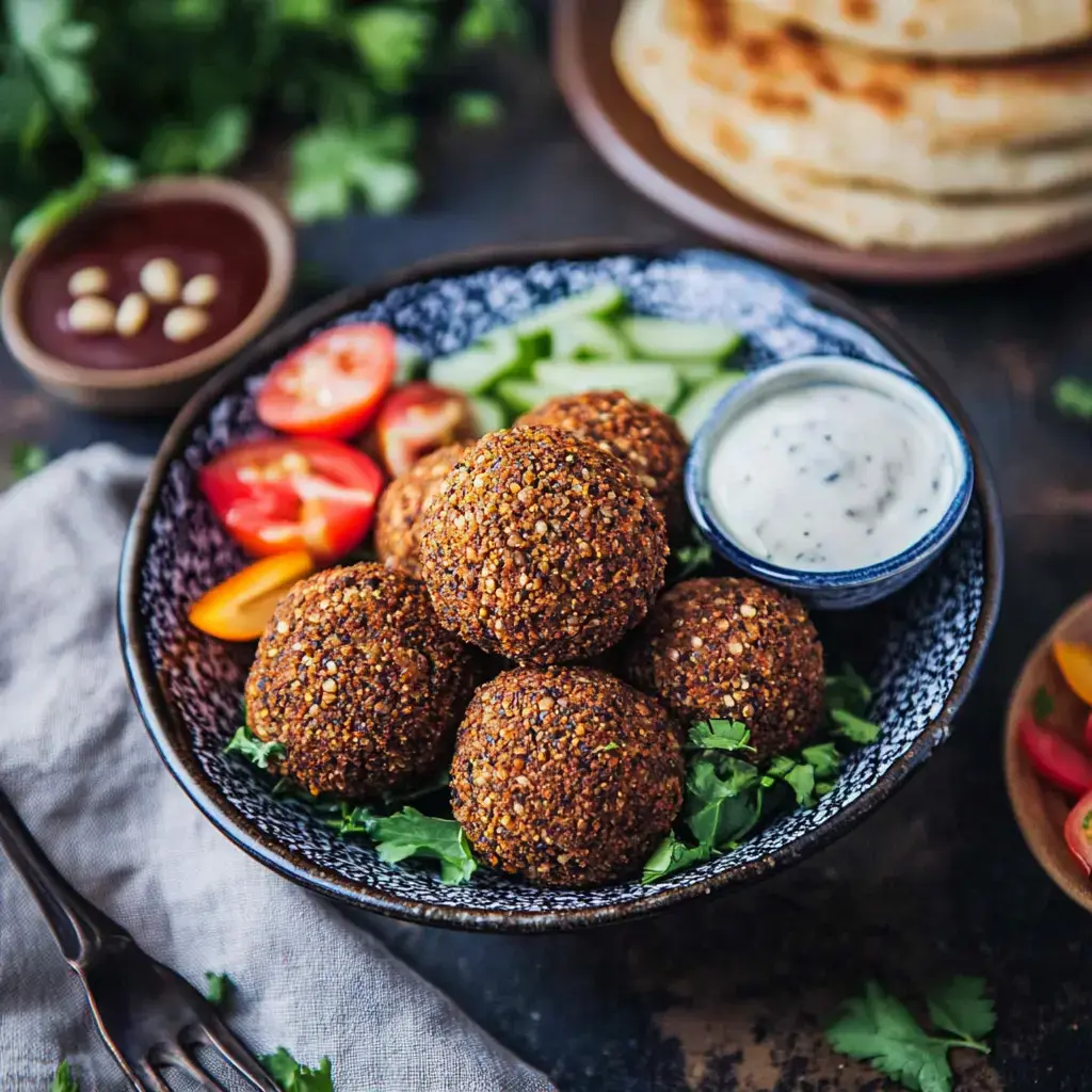 Des falafels maison bien dorés avec des légumes frais et des sauces.
