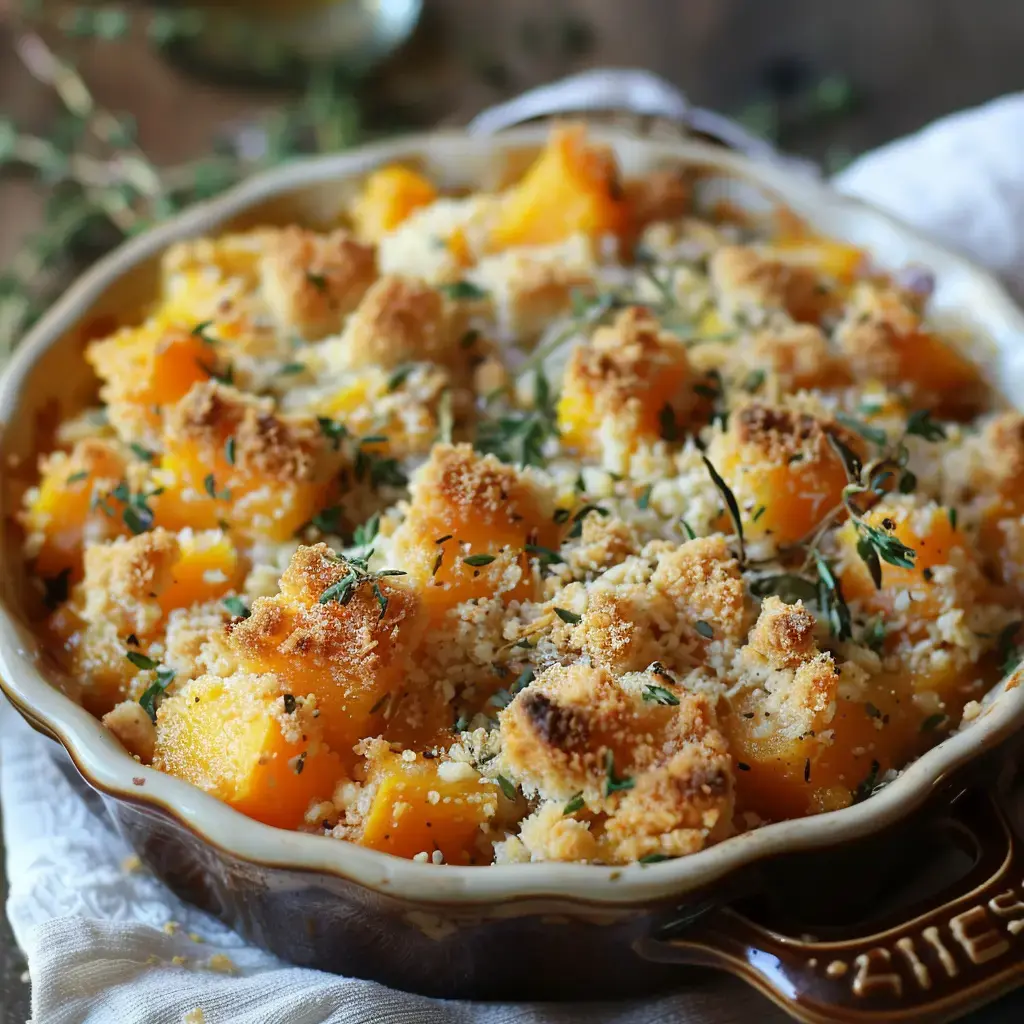 Plat réconfortant avec courge et crumble au parmesan