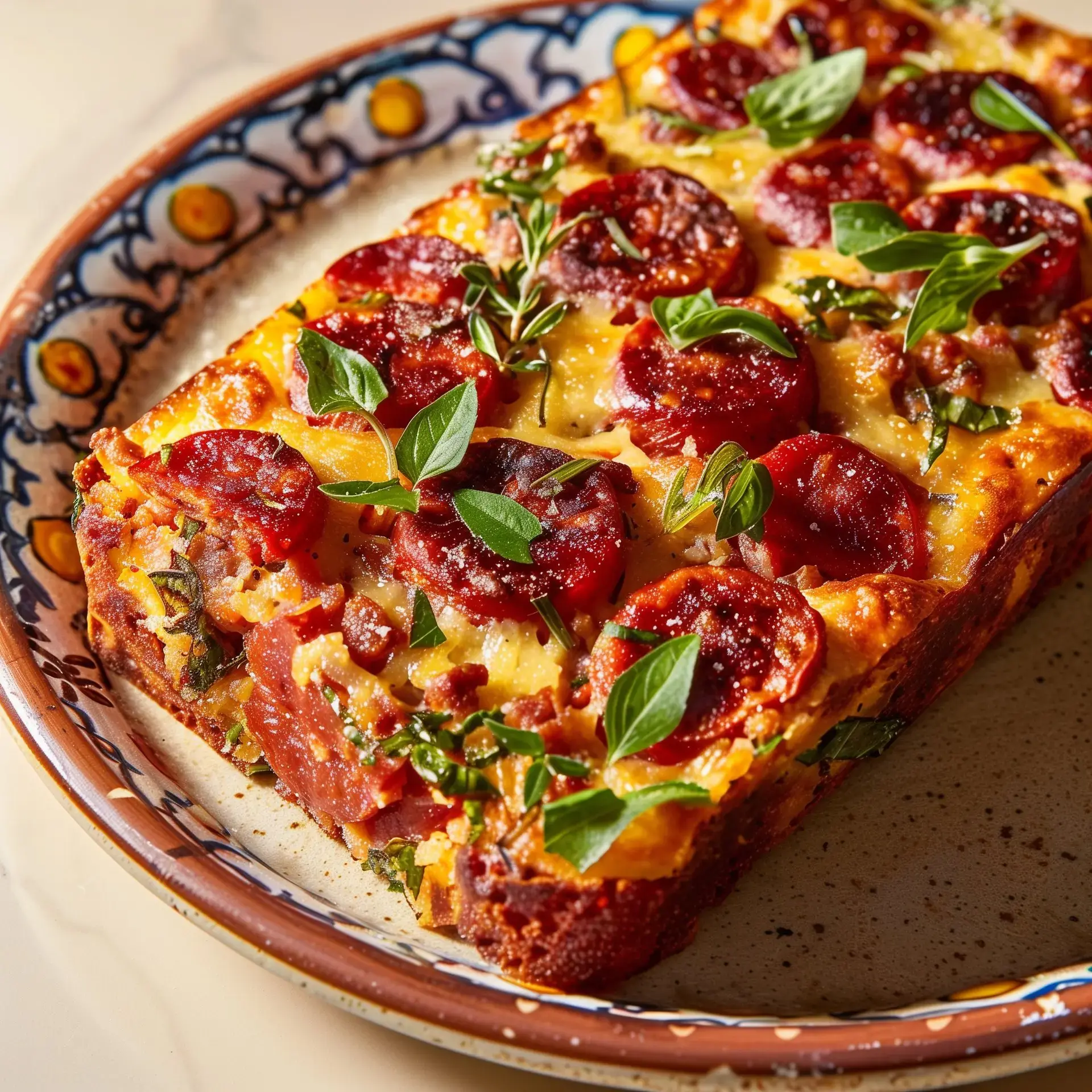 Un gâteau au chorizo doré, parsemé d'herbes fraîches, présenté sur une assiette chic.