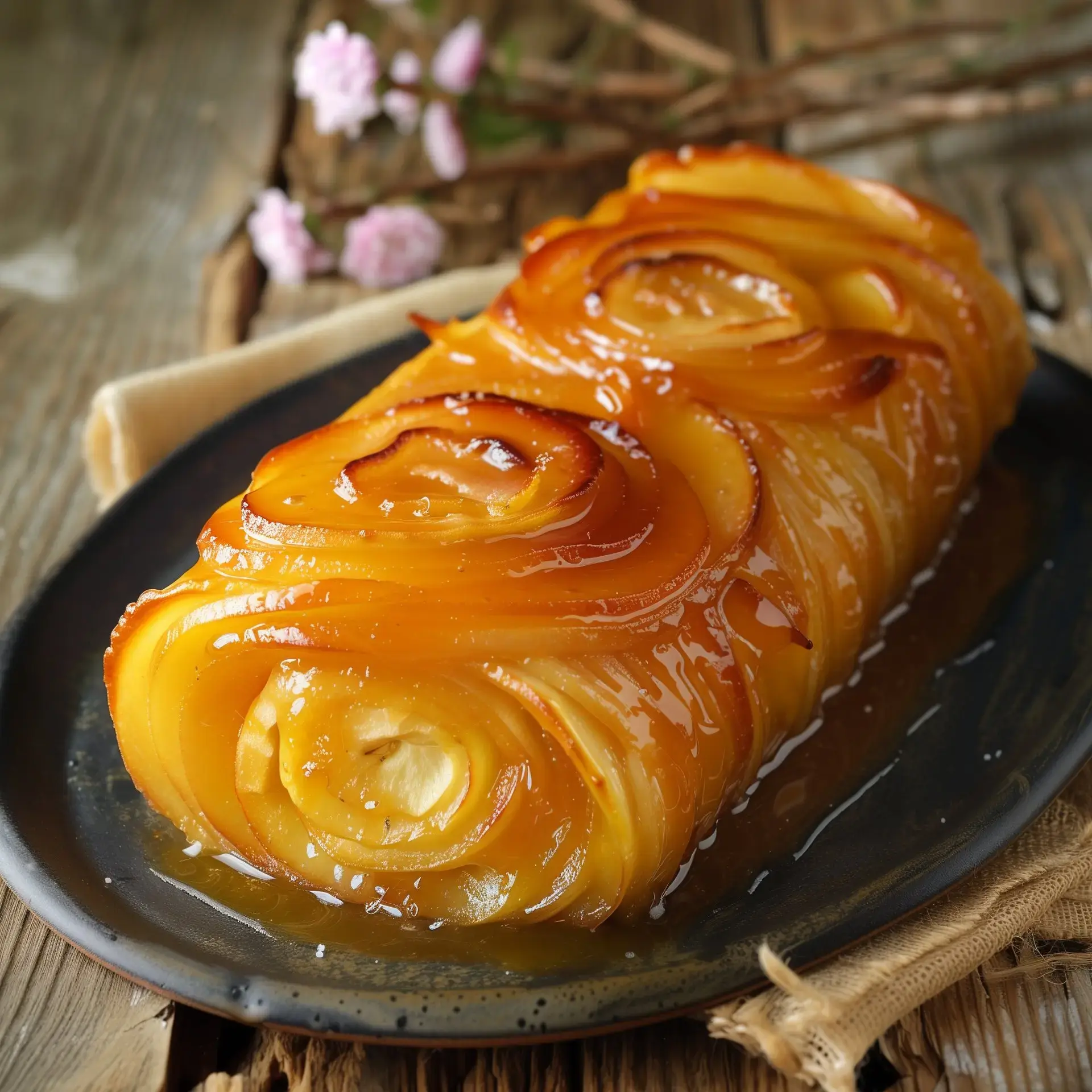 Une magnifique bûche Tatin ornée de tranches fines de pommes caramélisées, posée sur une assiette noire élégante avec quelques fleurs en arrière-plan.