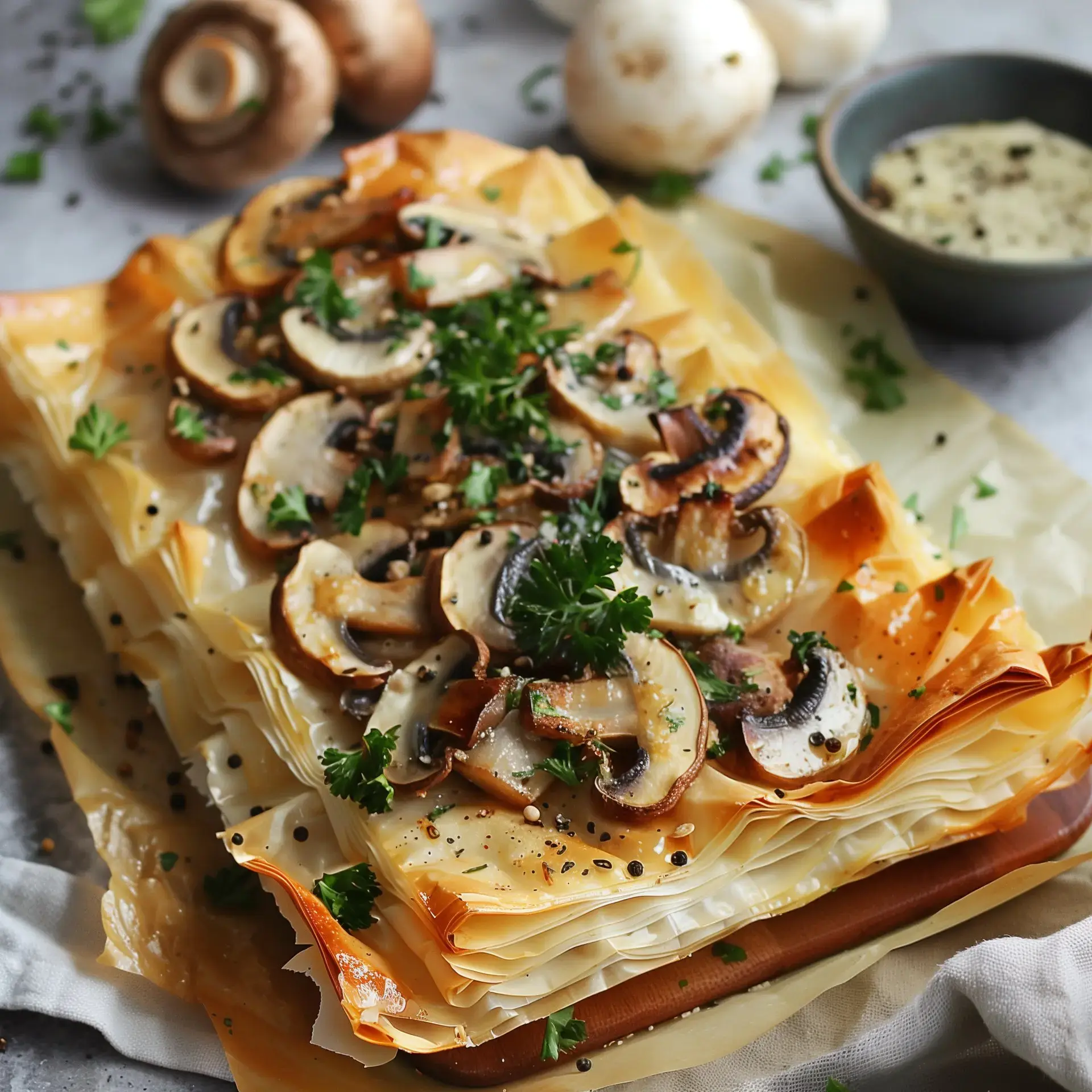 Plat de pâte filo dorée aux champignons sautés, accompagné d'une sauce crémeuse et de persil frais.