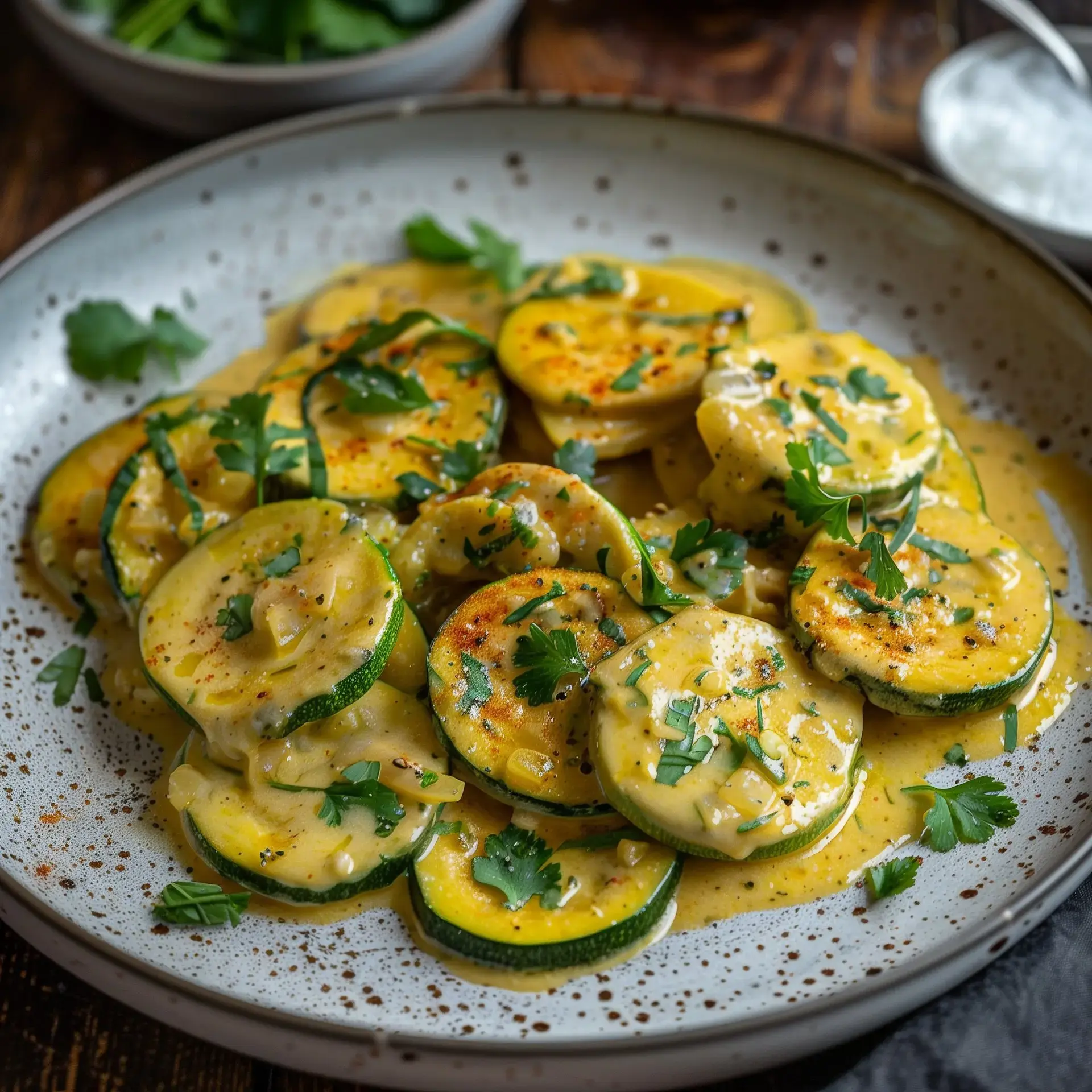 Une assiette de courgettes tendres nappées de sauce au lait de coco, décorées de coriandre.