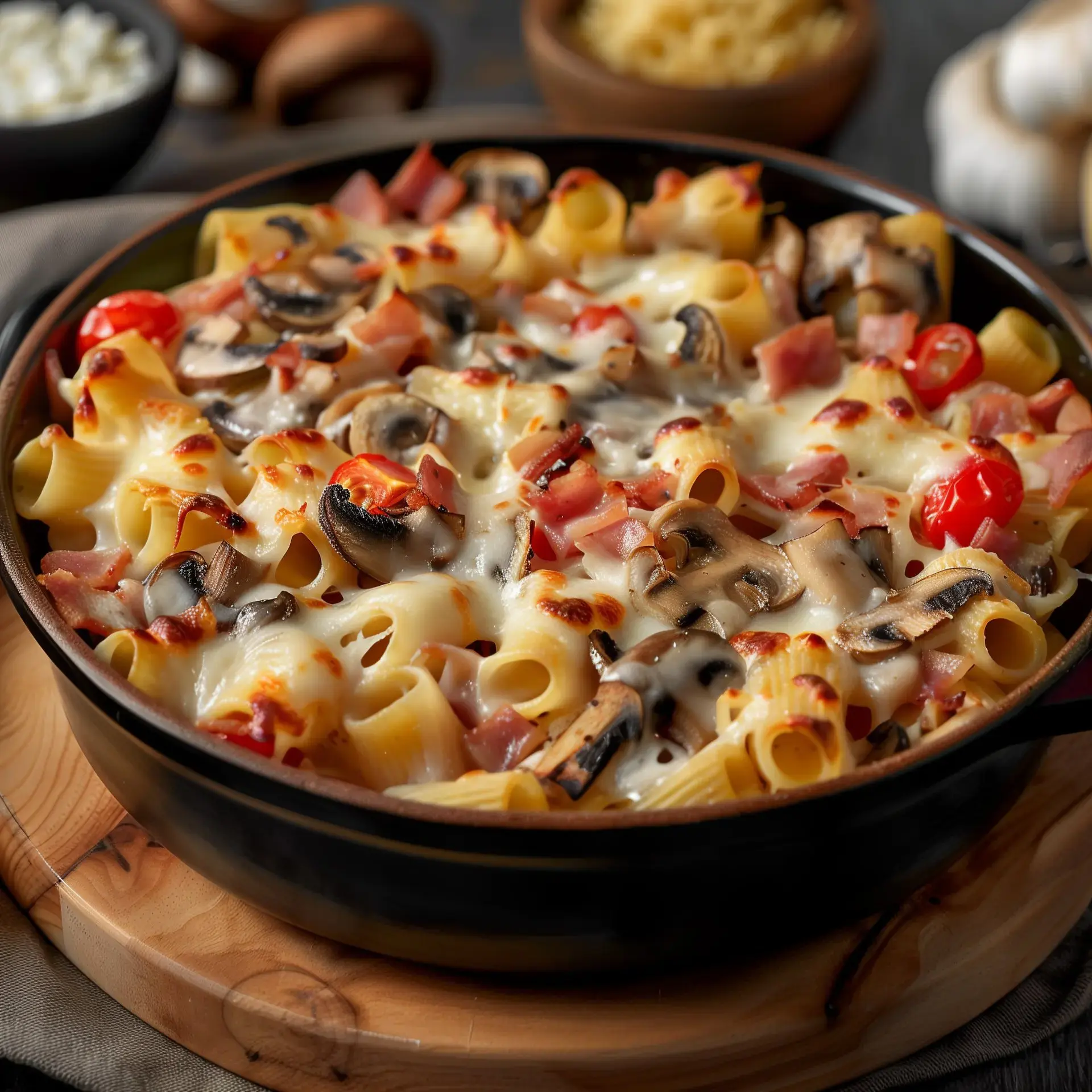 Un gratin doré de pâtes avec fromages, tomates, champignons et lardons dans un plat noir.