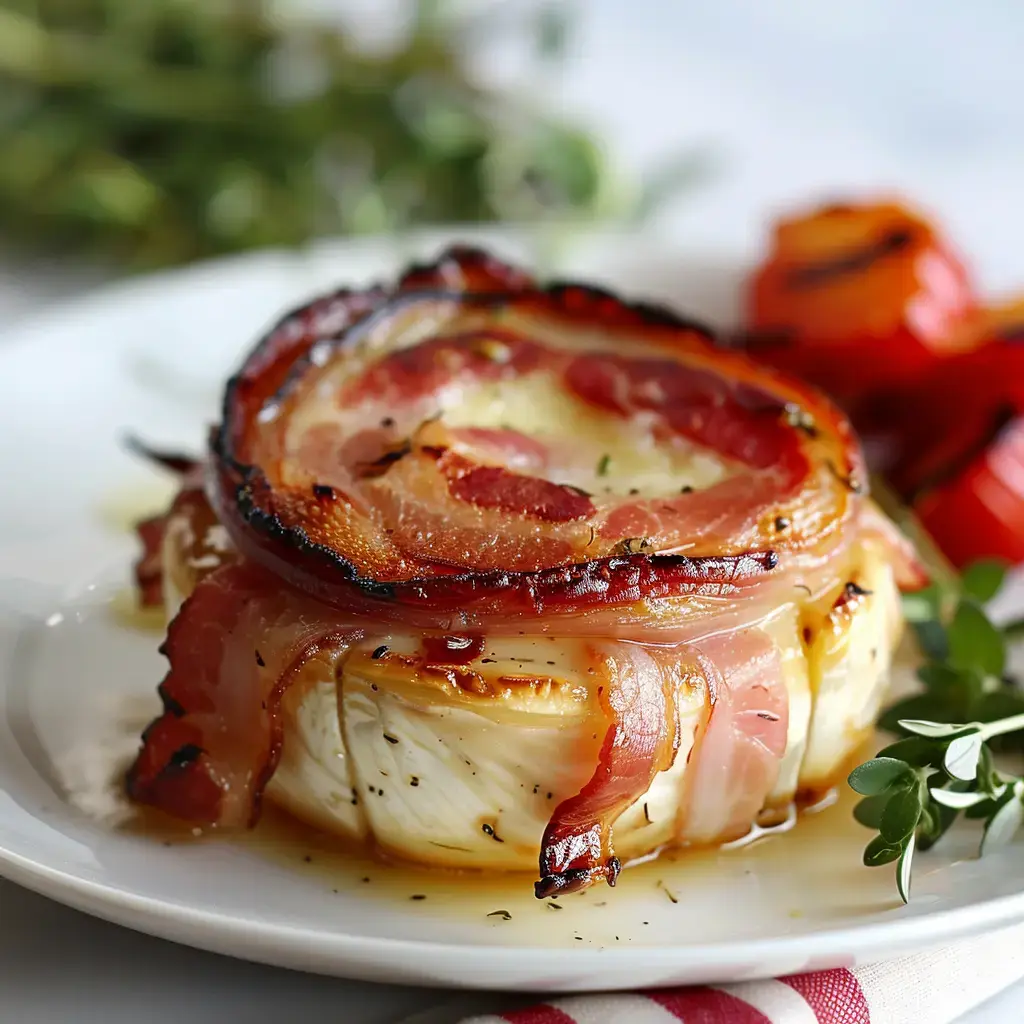 Camembert fondu entouré de bacon croustillant, avec des herbes et légumes grillés.