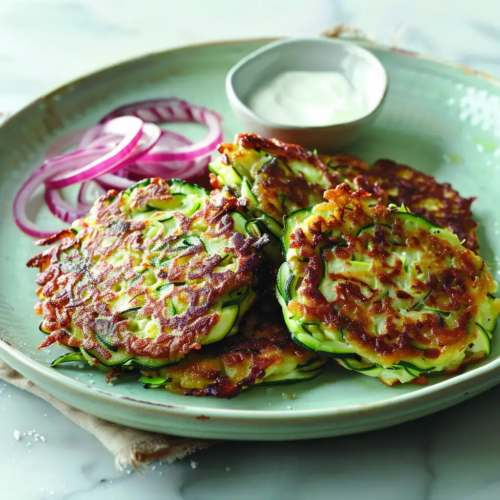 Galettes croustillantes de courgettes dorées avec une touche de fromage et oignons rouges, parfait pour l'été.