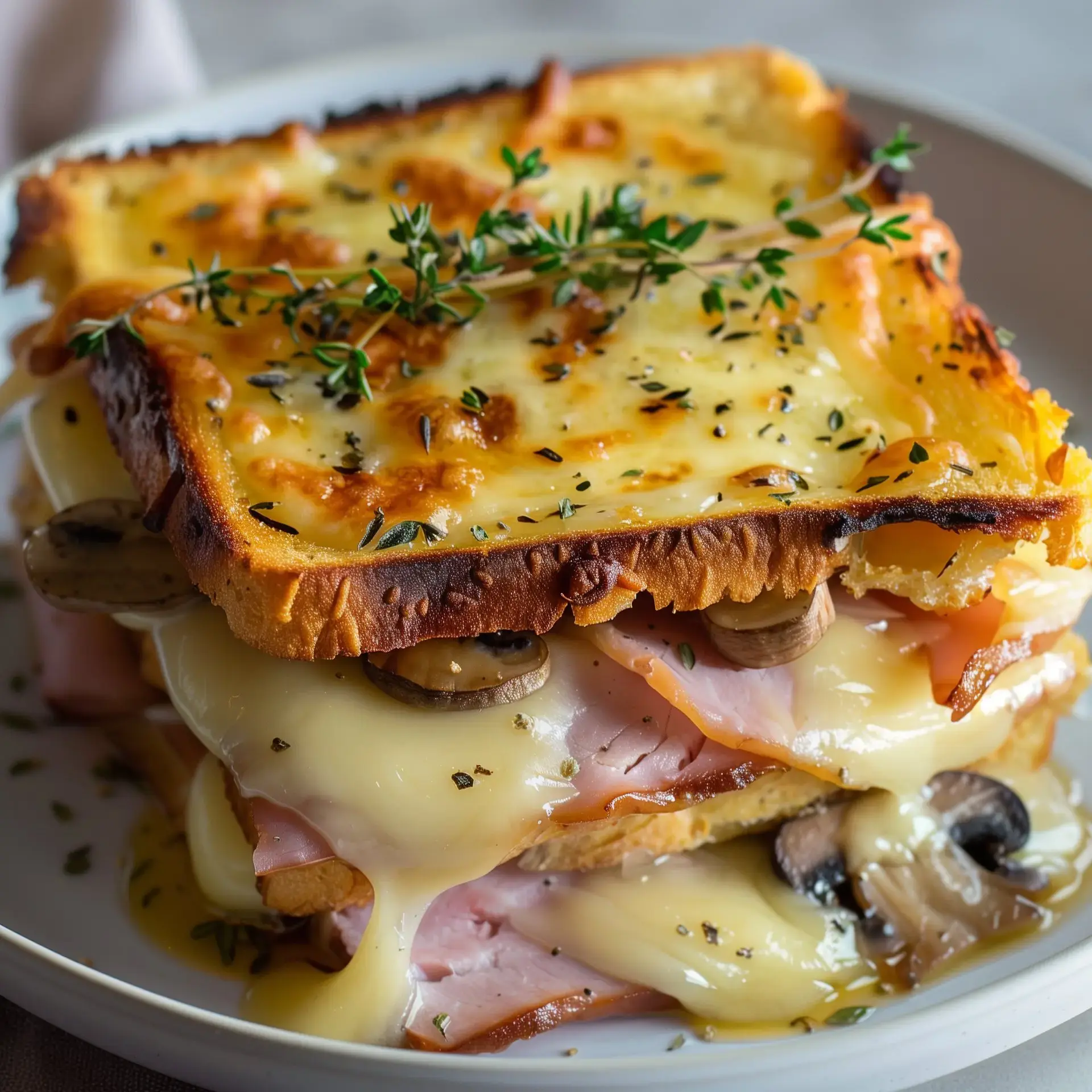 Un croque-monsieur croustillant avec jambon, fromage fondant et une touche de thym frais.