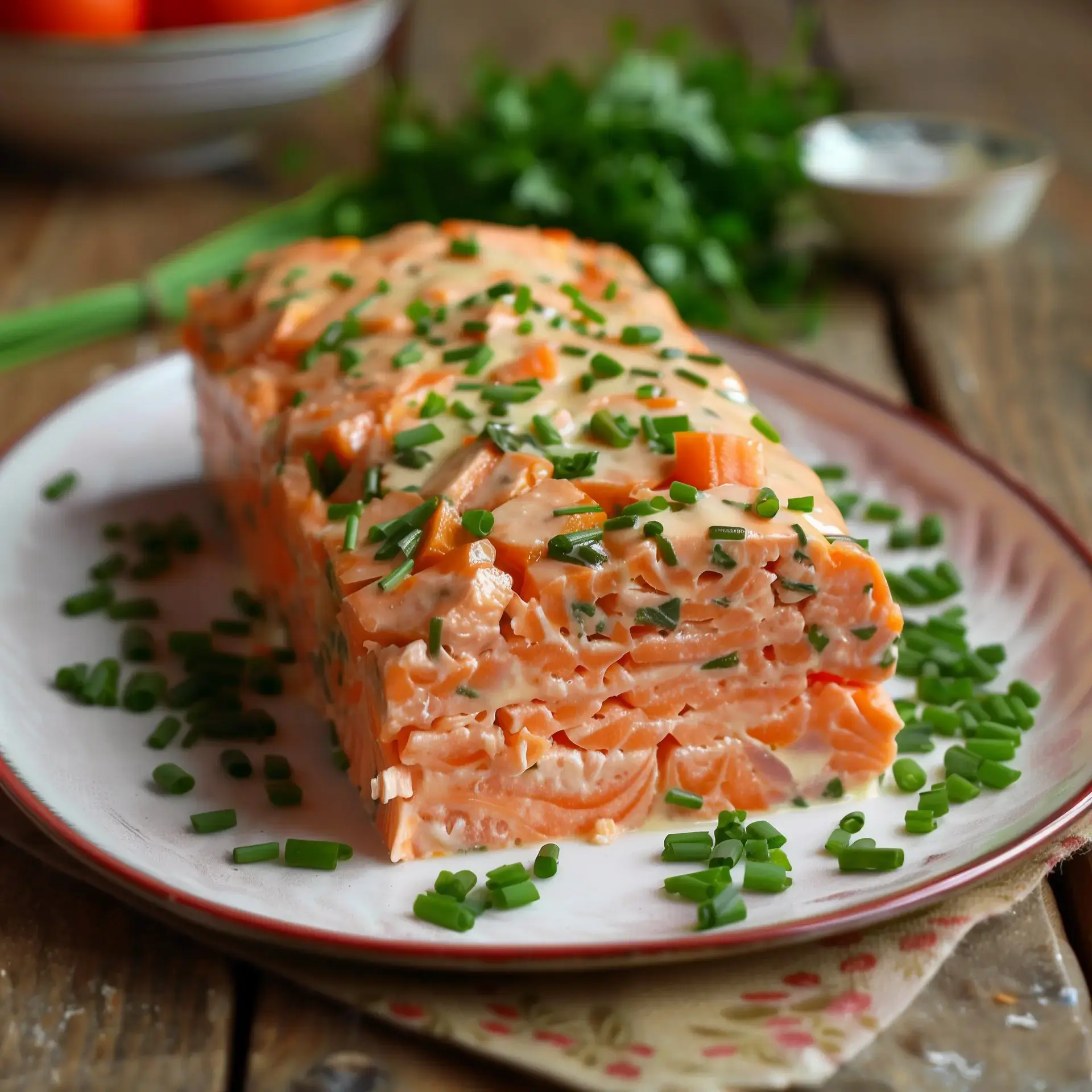 Terrine de saumon maison joliment garnie de ciboulette avec des légumes en décor.