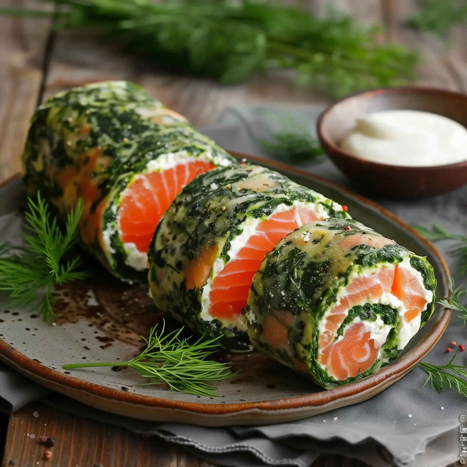 Roulé d’épinards enveloppant du saumon fumé et du fromage frais, décoré de brins d’aneth.