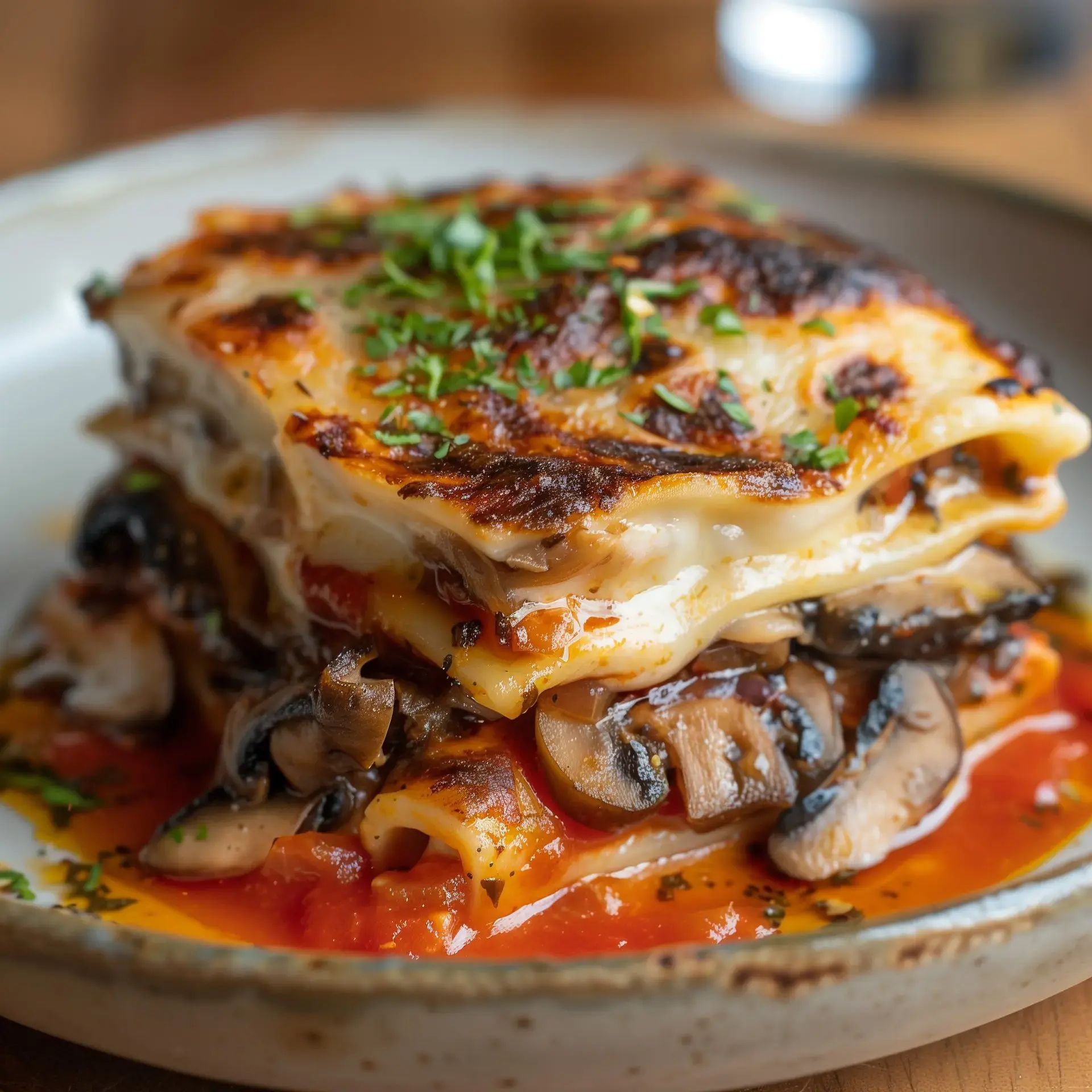 Un plat de lasagnes avec des champignons, une sauce tomate généreuse et des herbes fraîches, servi à table.