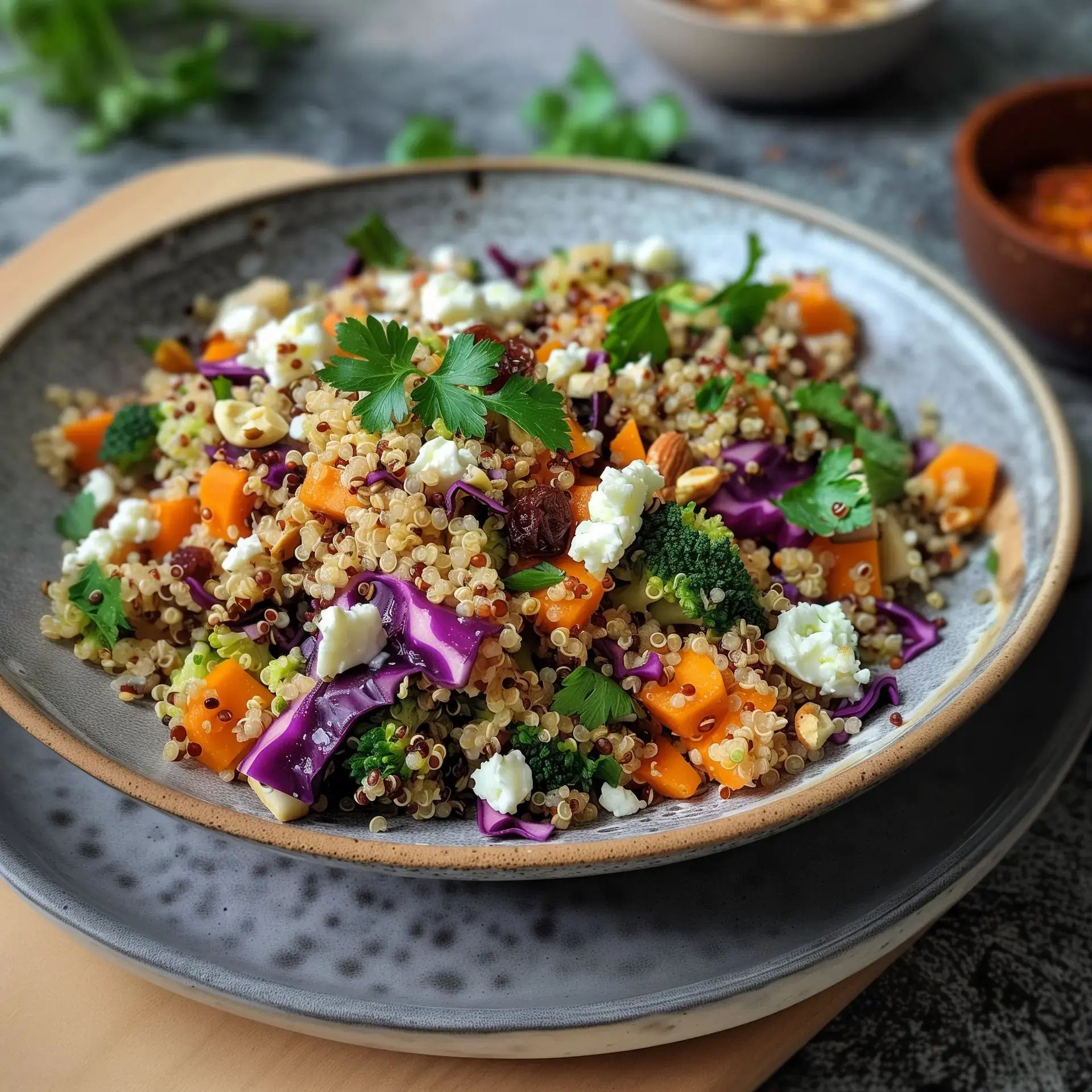 Bol savoureux de quinoa avec des légumes frais, des morceaux de feta et des herbes aromatiques.