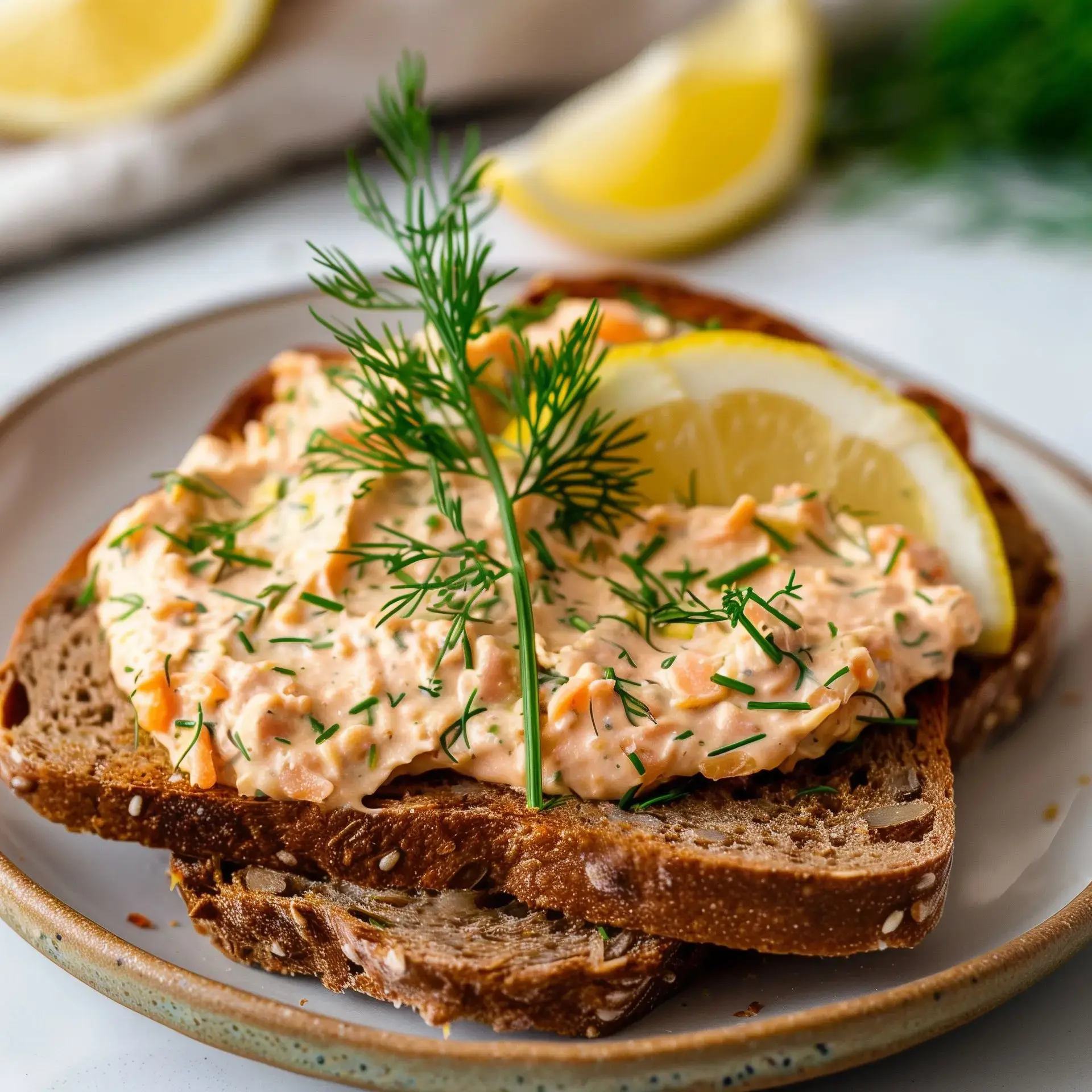 Une tartine rustique agrémentée d'une mousse savoureuse au saumon, ornée d'une rondelle de citron et de brins d'aneth frais.